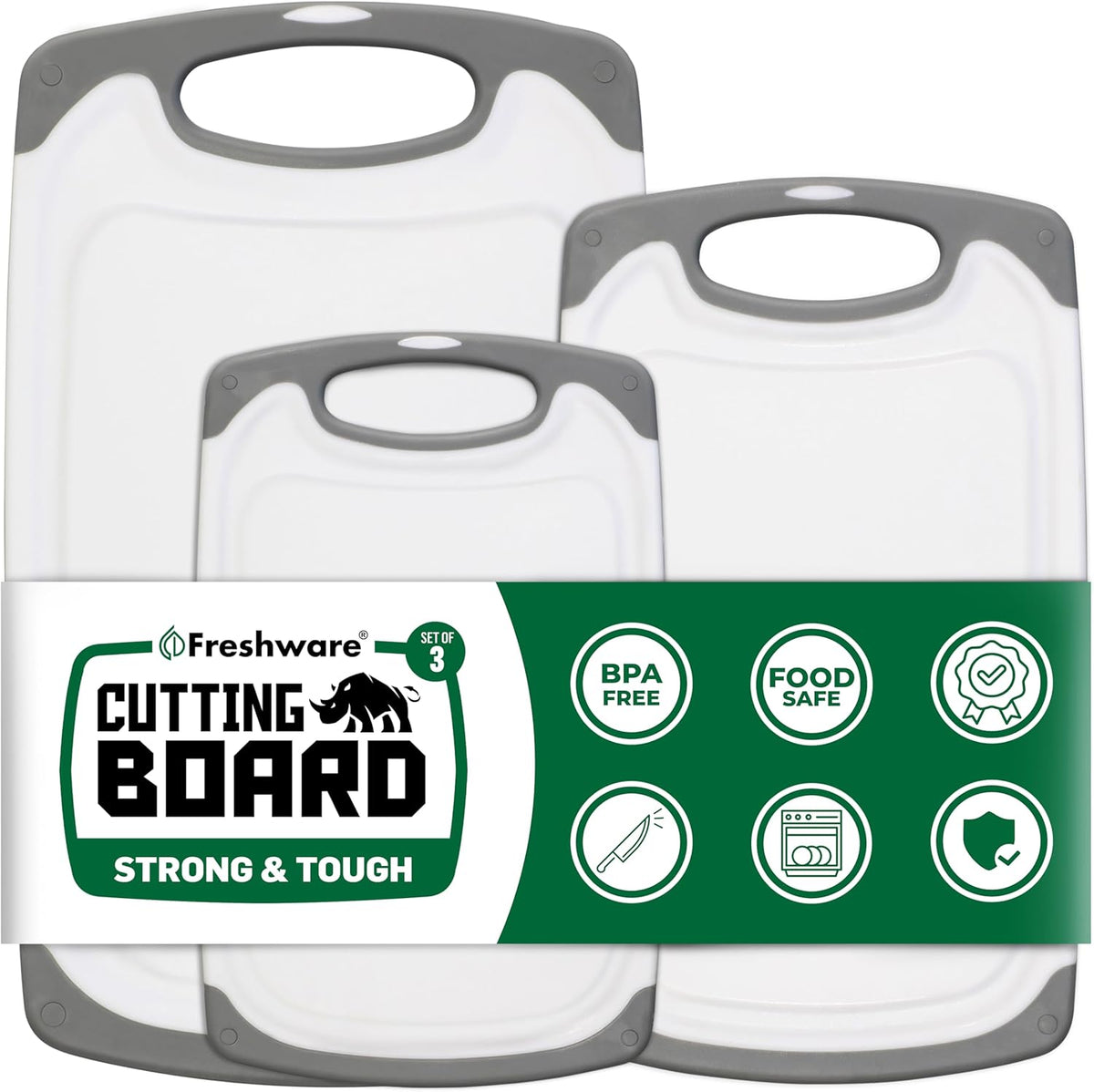 Freshware Cutting Boards for Kitchen, Chopping Board 3-Pack with Different Sizes, Juice Grooves and Non Slip Handles - Reversible, Large Cutting Board Set - Dishwasher Safe - Gray