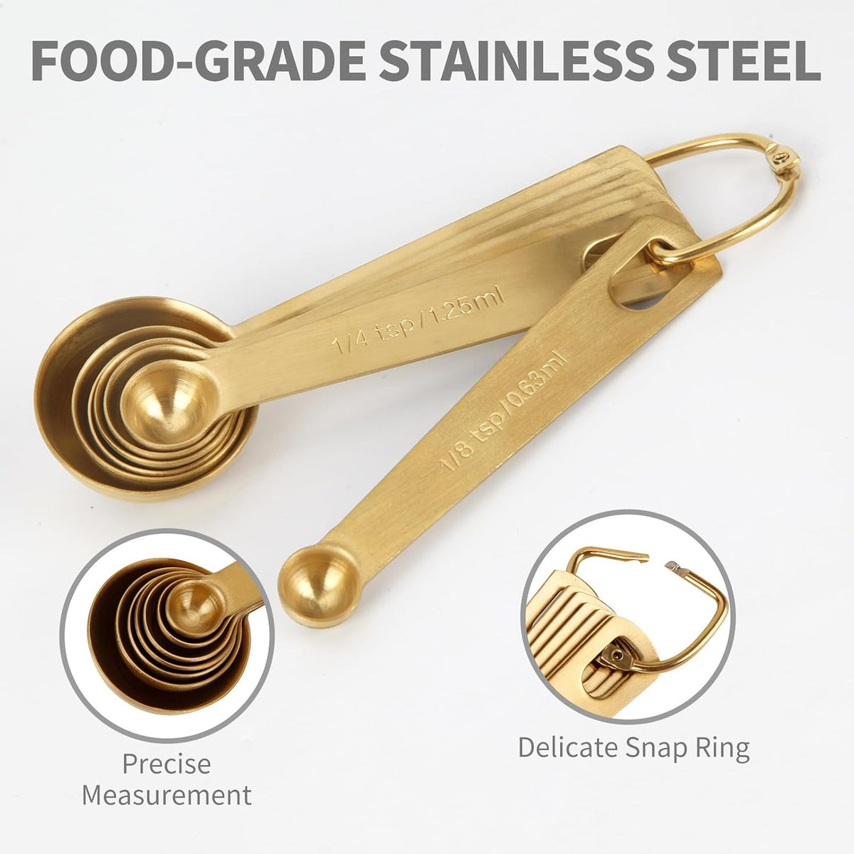 Measuring Spoons,304 Stainless Steel Measuring Cups & Spoon Set of 7 Piece:1Tbsp&1/2Tbsp,1tsp,3/4tsp,1/2tsp,1/4tsp,1/8tsp Teaspoon Coffee Scoop Tablespoon for Dry and Liquid Ingredients,Gold