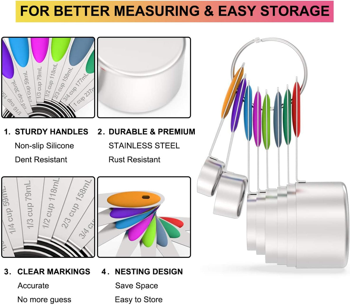Wildone Stainless Measuring Cups and Spoons Set with Silicone Handle, 16pcs