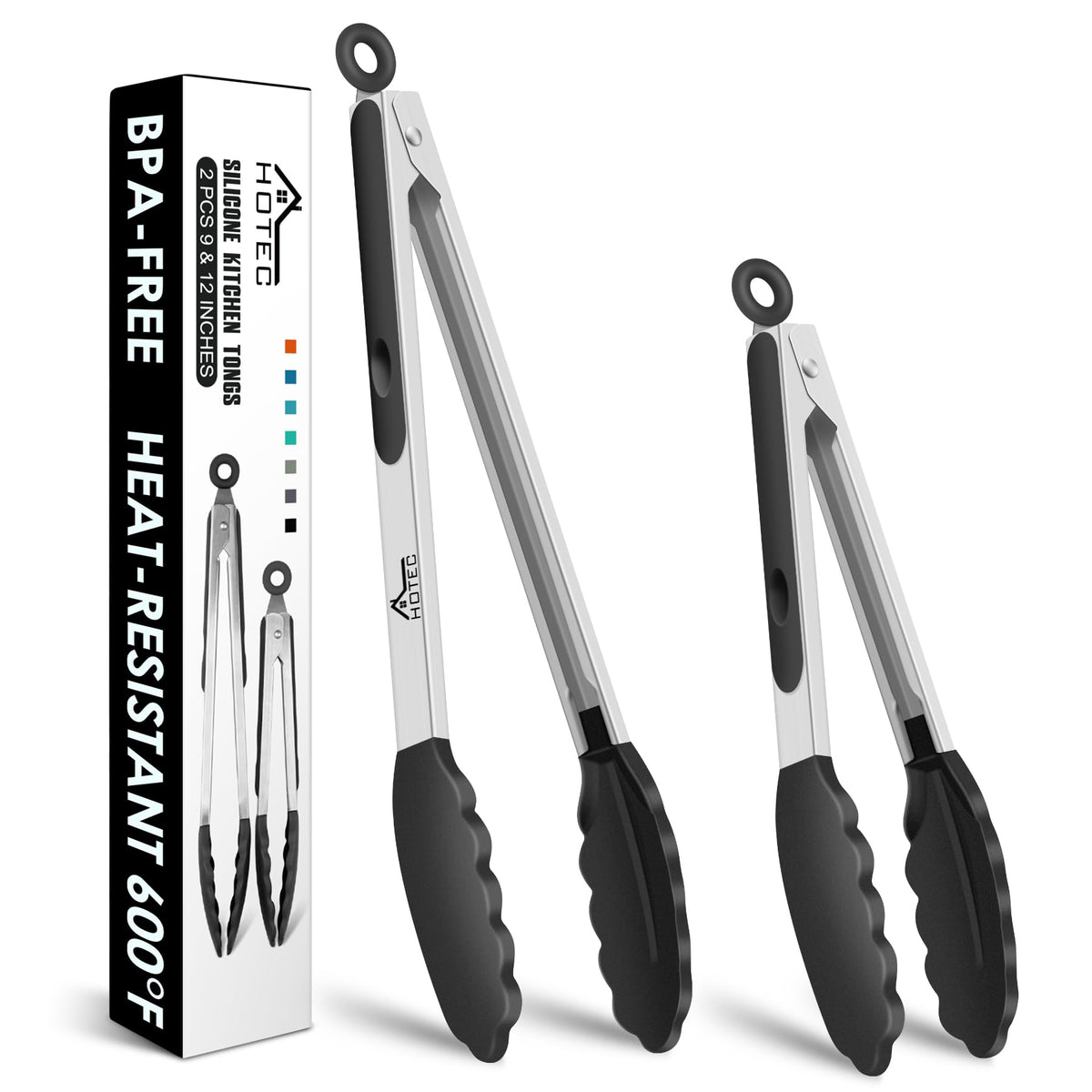 HOTEC Stainless Steel Kitchen Tongs with Silicon Tips, Set of 3-7", 9" &12"