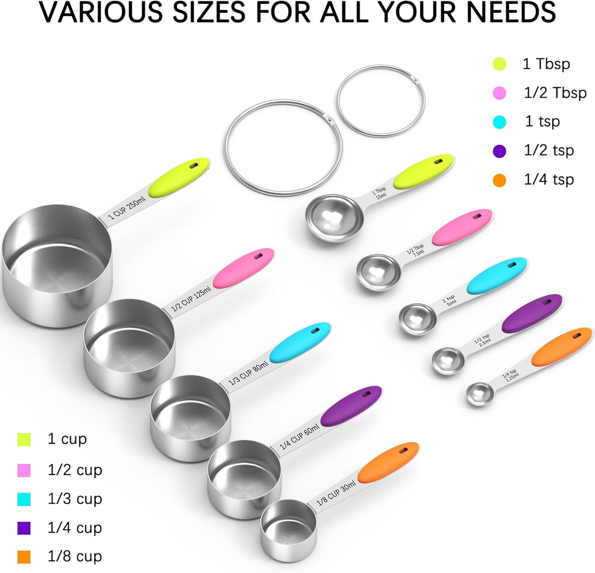 TILUCK Nesting Measuring Cups and Spoons Set, Stainless Steel with Soft Silicone Handle – Heavy Duty & Dishwasher Safe for Measuring Dry/Liquid Ingredients, Ideal for Cooking & Baking (10)