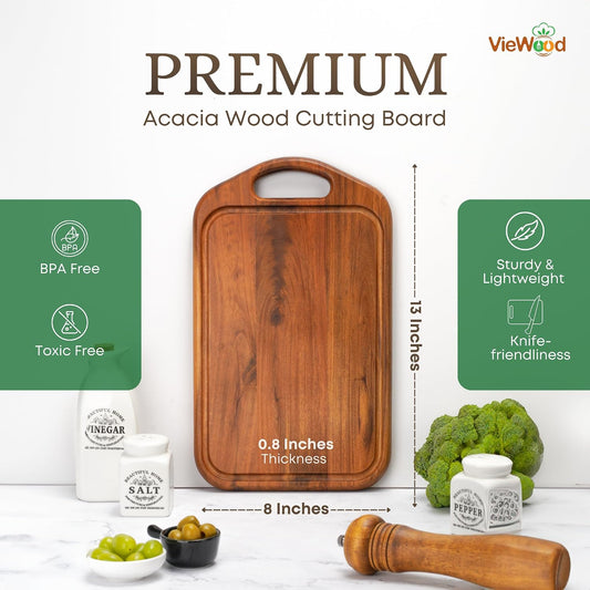 VieWood Acacia Wood Cutting Board with Handle, 13x8 Inch Wooden Board for Kitchen, Serving, Charcuterie and Cheese, Juice Groove, Knife Friendly