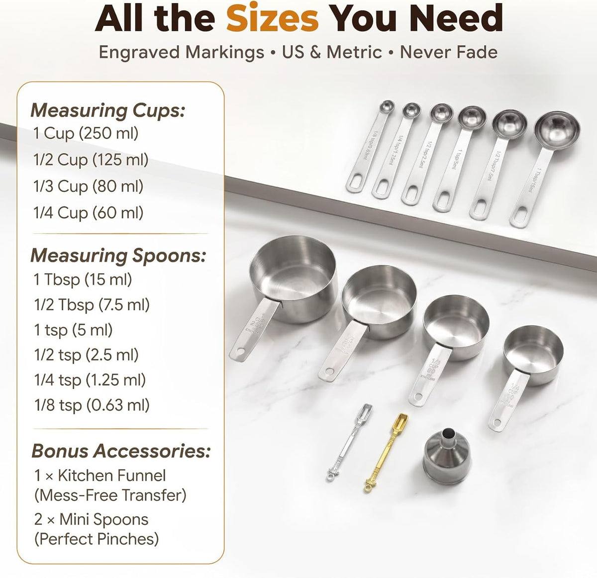 13 PCS Stainless Steel Measuring Cups and Spoons Set for Baking and Cooking