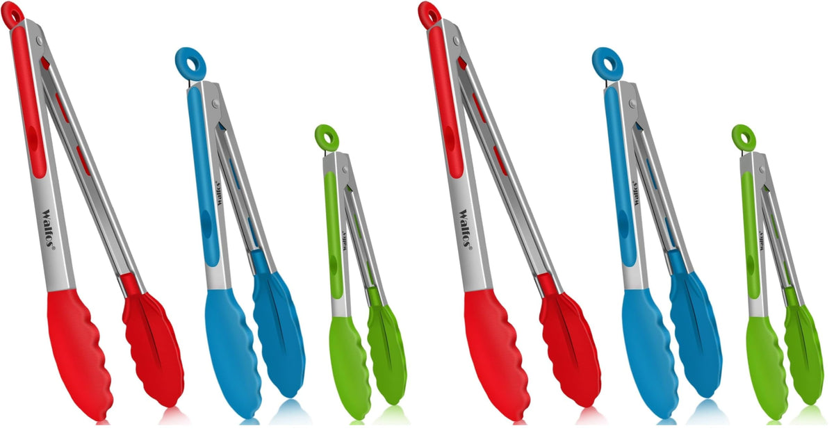 Walfos Kitchen Tongs for Cooking, 600℉ Heat Resistant Stainless Steel Tongs, All Metal Heavy Duty Tongs For Food ,BBQ Grilling - 7 ,9 and 12 Inch ,Set of 3