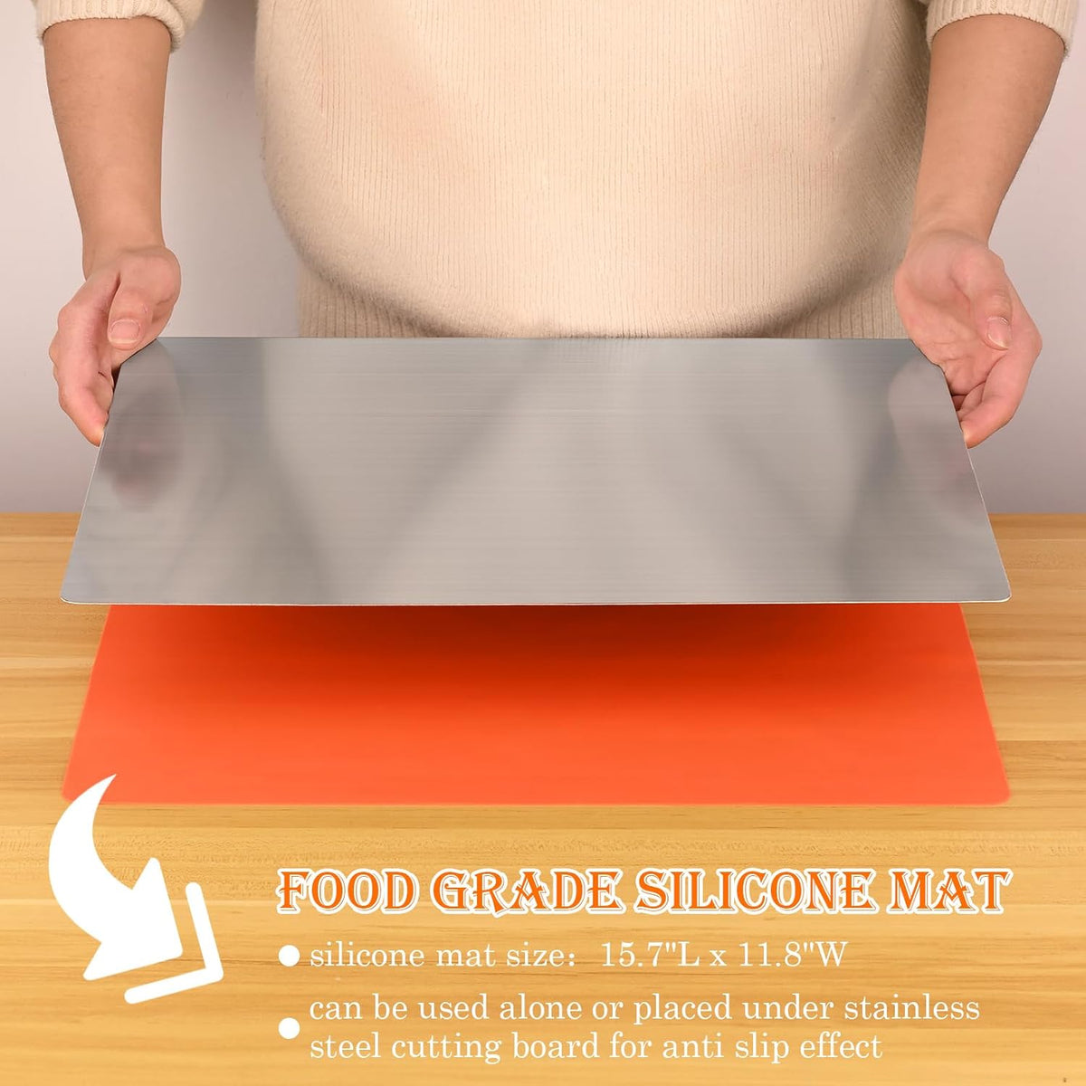 HUAKENER Large Stainless Steel Cutting Board for Kitchen, with Silicone Mat