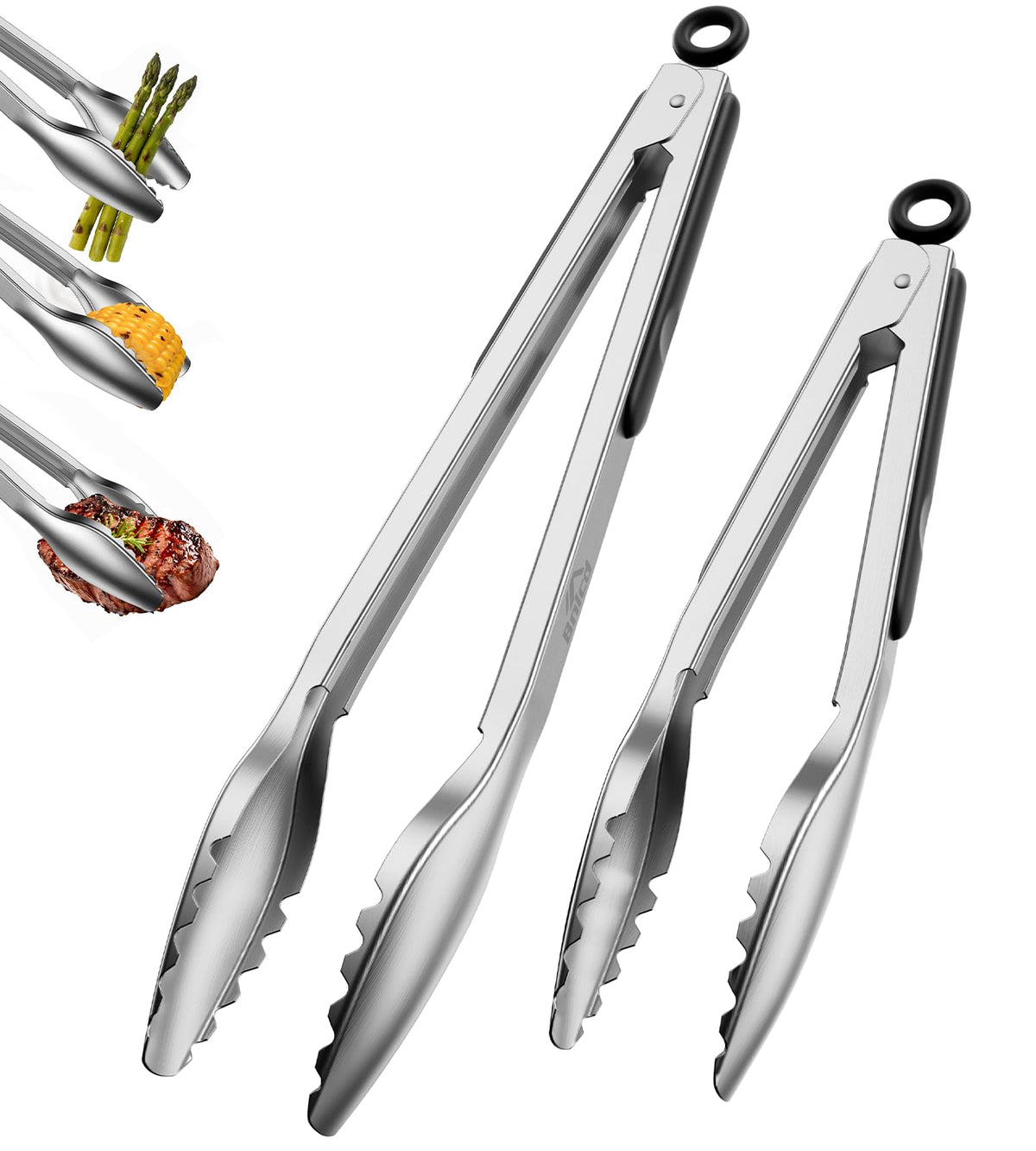 Stainless Steel Kitchen Tongs with Teeth Good Grip, Set of 3 Black