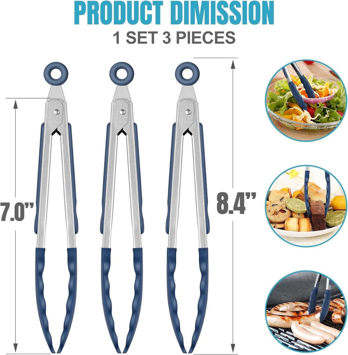 HOTEC Small Silicone Kitchen Tongs 7-Inch Mini Serving Tongs, Set of 3
