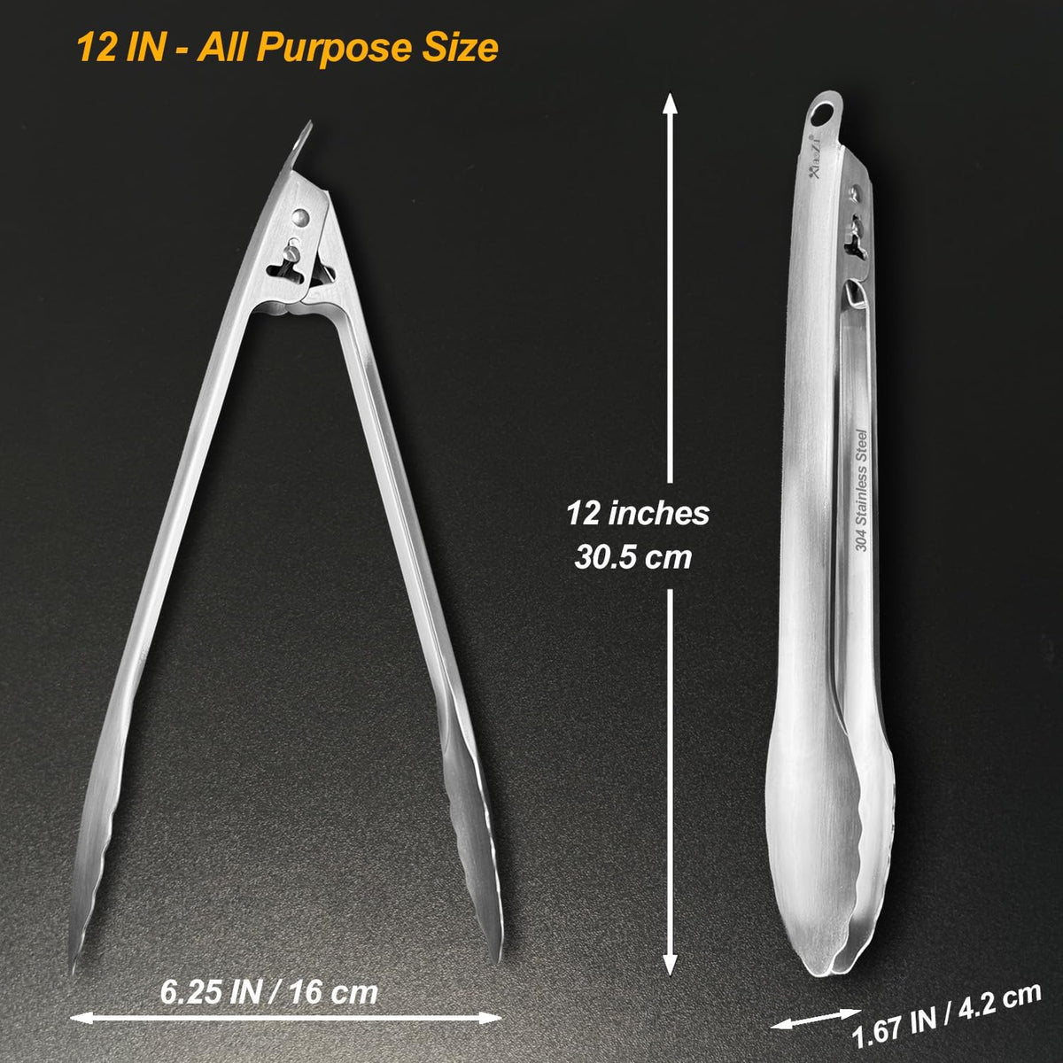 Kitchen Tongs for Cooking, Metal One-Handed Lock & Release Tong 12"
