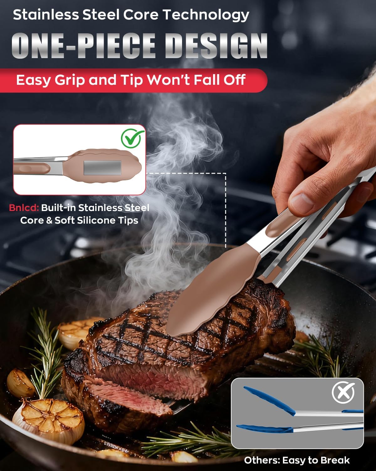 Silicone Kitchen Tongs for Cooking, Stainless Steel, 3PCS, Mud Color