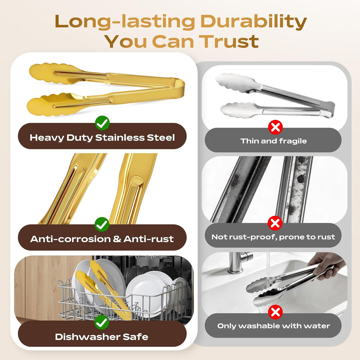 6 Pack Stainless Steel Serving Tongs, 9 Inch Gold Salad Tongs Serving Utensils Buffet Tongs Gold Plated Heavy Duty Reusable Metal Kitchen Clips for Salad, Snack, Barbecue, Catering, Wedding, Party
