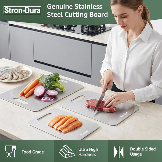 Stron-Dura Small Stainless Steel Cutting Board for Kitchen, 11.5" x 8" Food Safe Metal Chopping Board, Dishwasher Safe, Double Sided Odorless, Cutting Board for Meat Veggies Camping