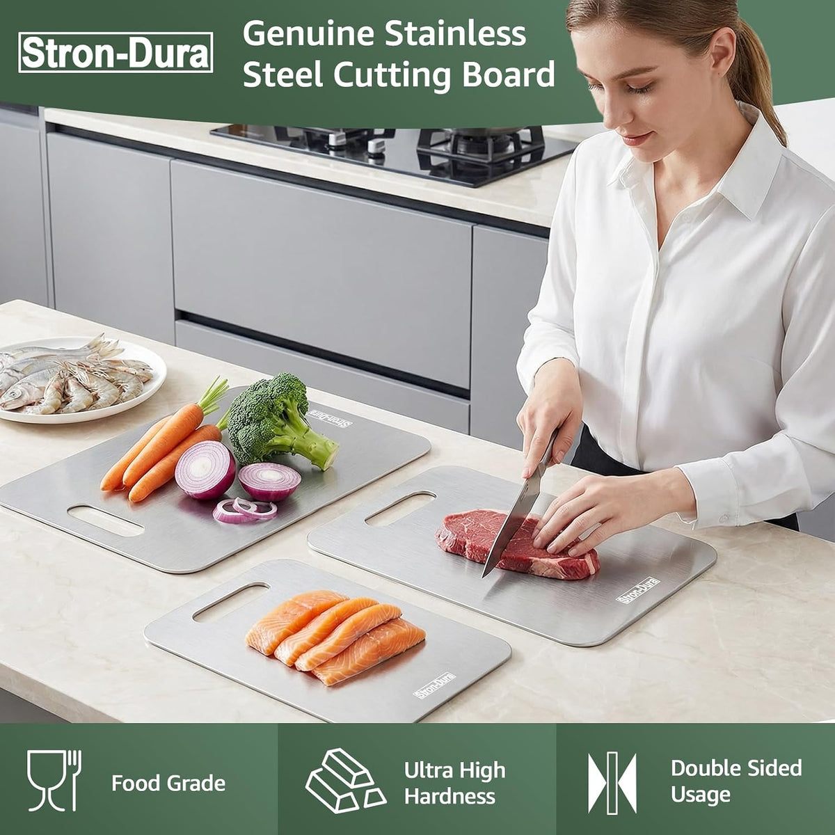 Stron-Dura Small Stainless Steel Cutting Board for Kitchen, 11.5" x 8" Food Safe Metal Chopping Board, Dishwasher Safe, Double Sided Odorless, Cutting Board for Meat Veggies Camping