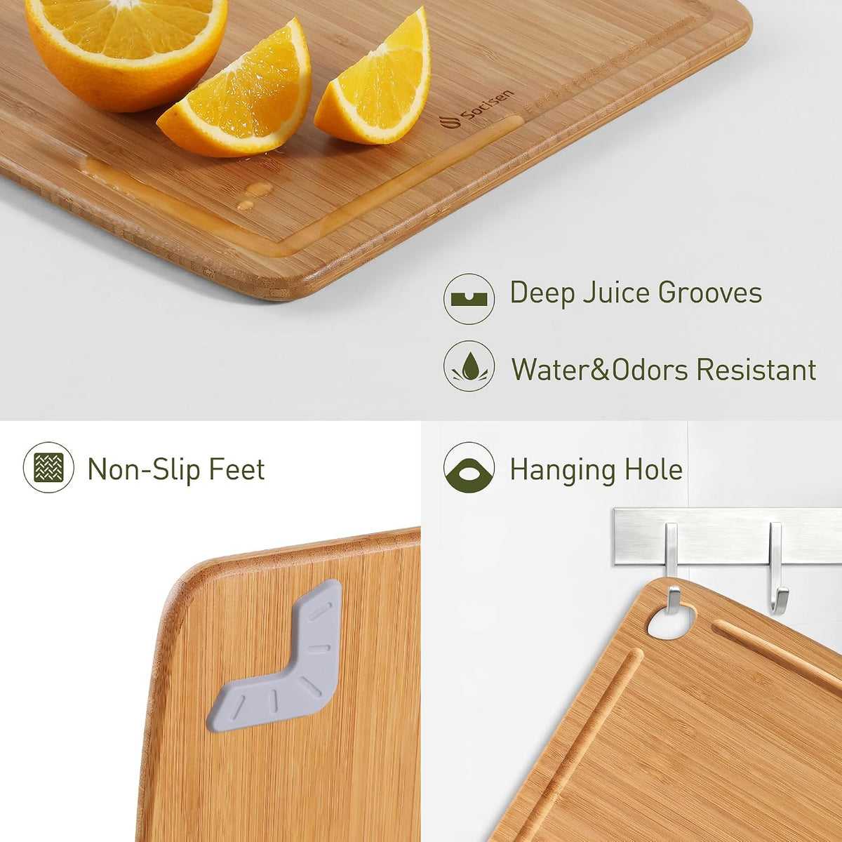 Lightweight Durable Bamboo Cutting Board with Non-Slip Feet, Non Toxic Wooden Cutting Board for Kitchen Heat-Resistant Chopping & Charcuterie Board with Juice Groove Kitchen Essentials for Meat