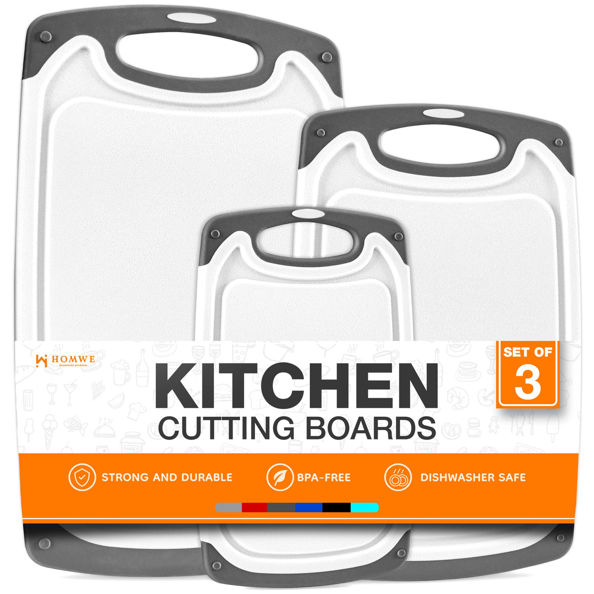 Cutting Boards for Kitchen - BPA-Free Chopping Board - Different Sizes & Non Slip Handles - Reversible, Large Cutting Board Set - Unique Gifts for Cooks Who Have Everything - 3-Pack Gray