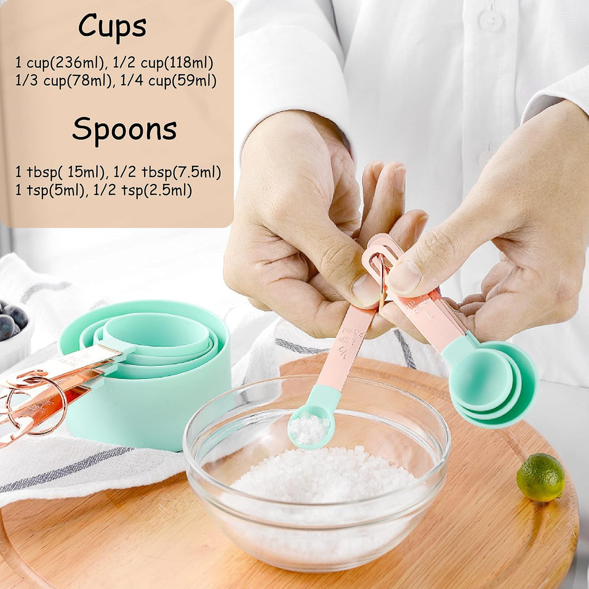 Rose Gold Stainless Steel Handle Measuring Cups and Spoons Set, 8 Piece Stackable Accurate Tablespoon for Measuring Dry and Liquid Ingredients Small Teaspoon with Plastic Head (Pink)