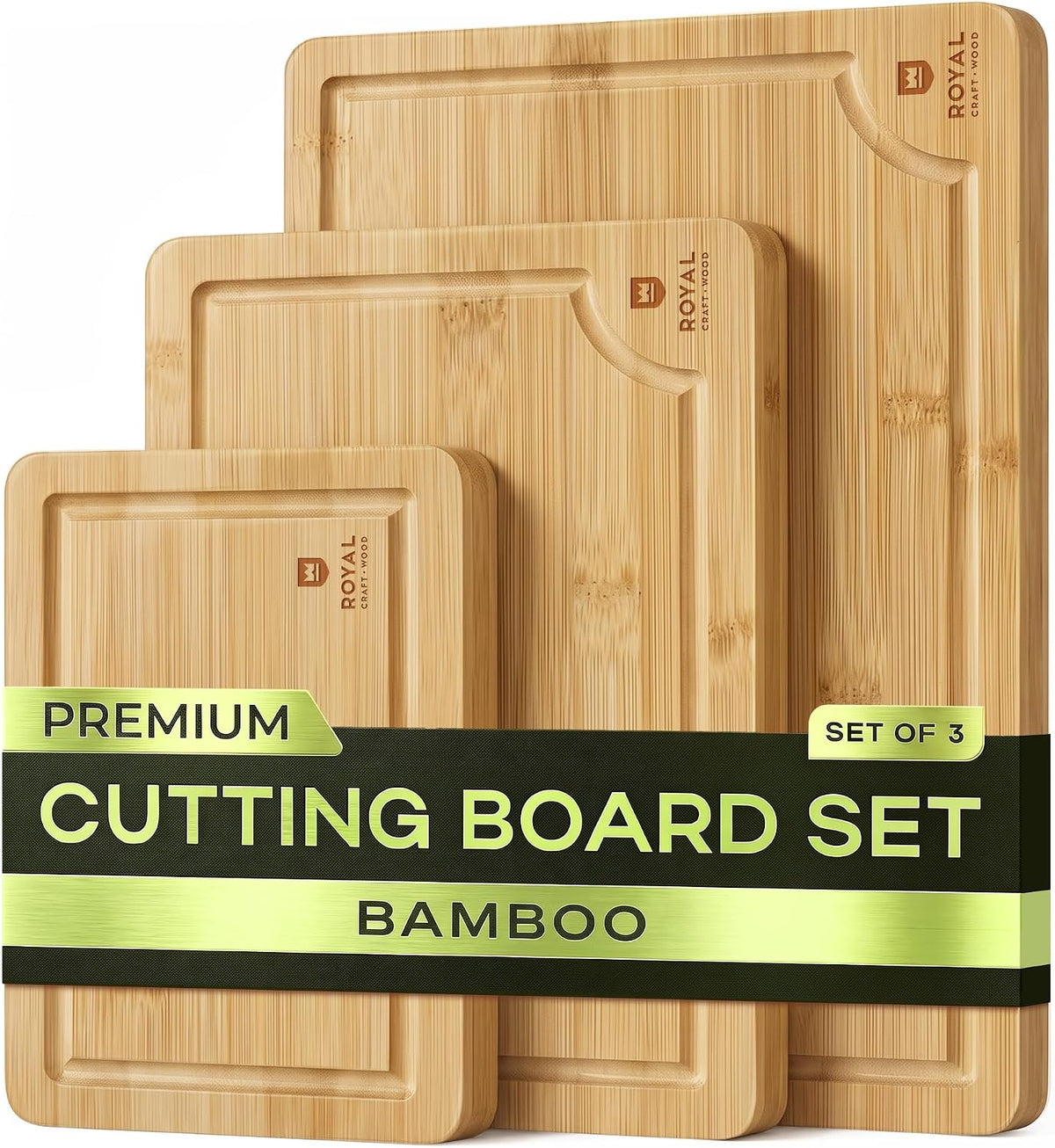 ROYAL CRAFT WOOD Wooden Cutting Boards for Kitchen Meal Prep & Serving - Bamboo Wood Serving Board Set with Deep Juice Groove Side Handles - Charcuterie & Chopping Butcher Block for Meat
