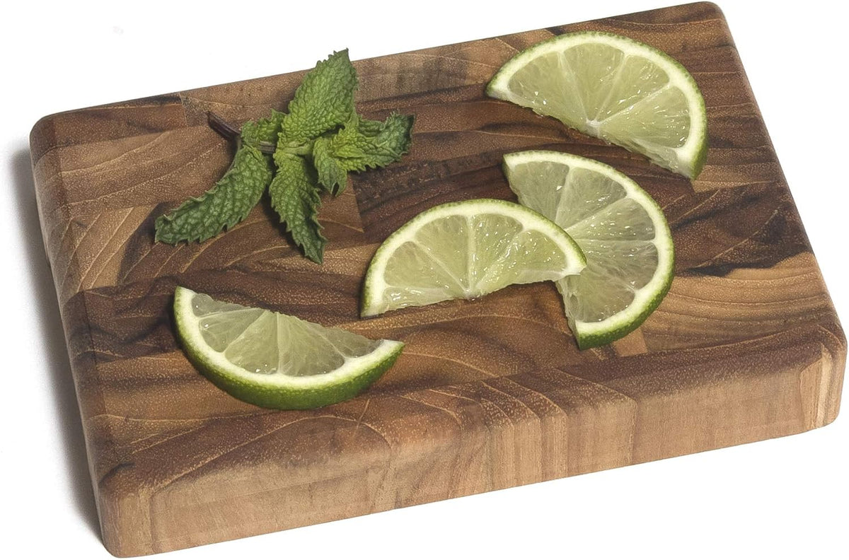 Lipper International Teak Wood End Grain Compact Mini Cutting Board with Cut Out Handles for Small Cooking Spaces, 6" x 4" x 1"