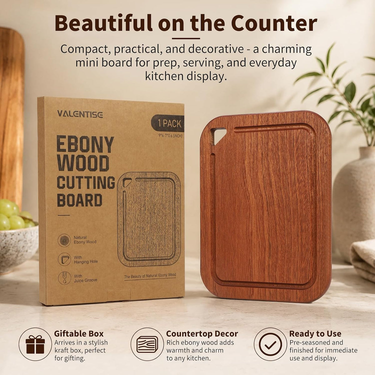 Small Ebony Wood Cutting Boards for Kitchen with Juice Groove