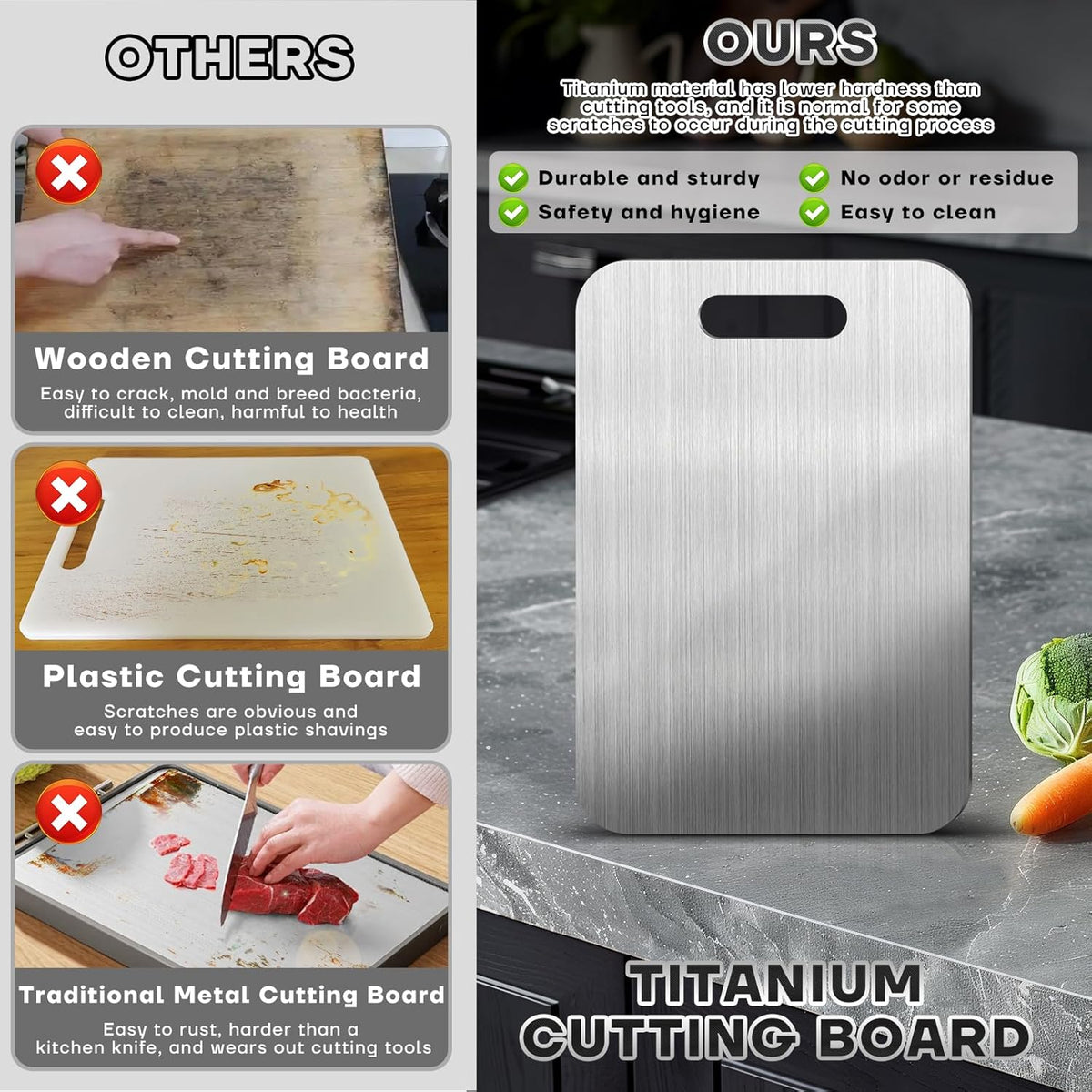 Katori Titanium Cutting Boards for Kitchen-100% Pure Titanium Cutting Board set Double Sided Non Toxic Titanware Chopping Board,Dishwasher Safe Metal Cutting Boards FathersDay Gifts(1PC-S-8x11.5In)