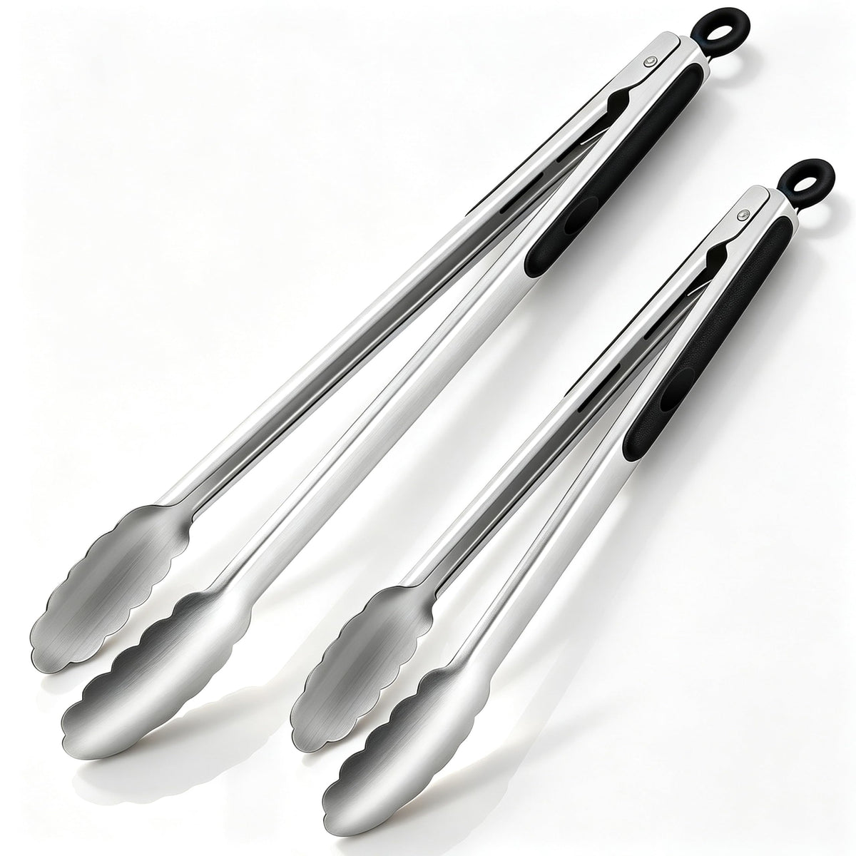Kitchen Tongs with Silicone Tips - Heat Resistant 600°F Stainless Steel Cooking Tong Set, Non-Stick 7" 9" 12" Locking Silicone Tongs for Cooking, Grilling, Serving & Baking (3-Piece, Black)
