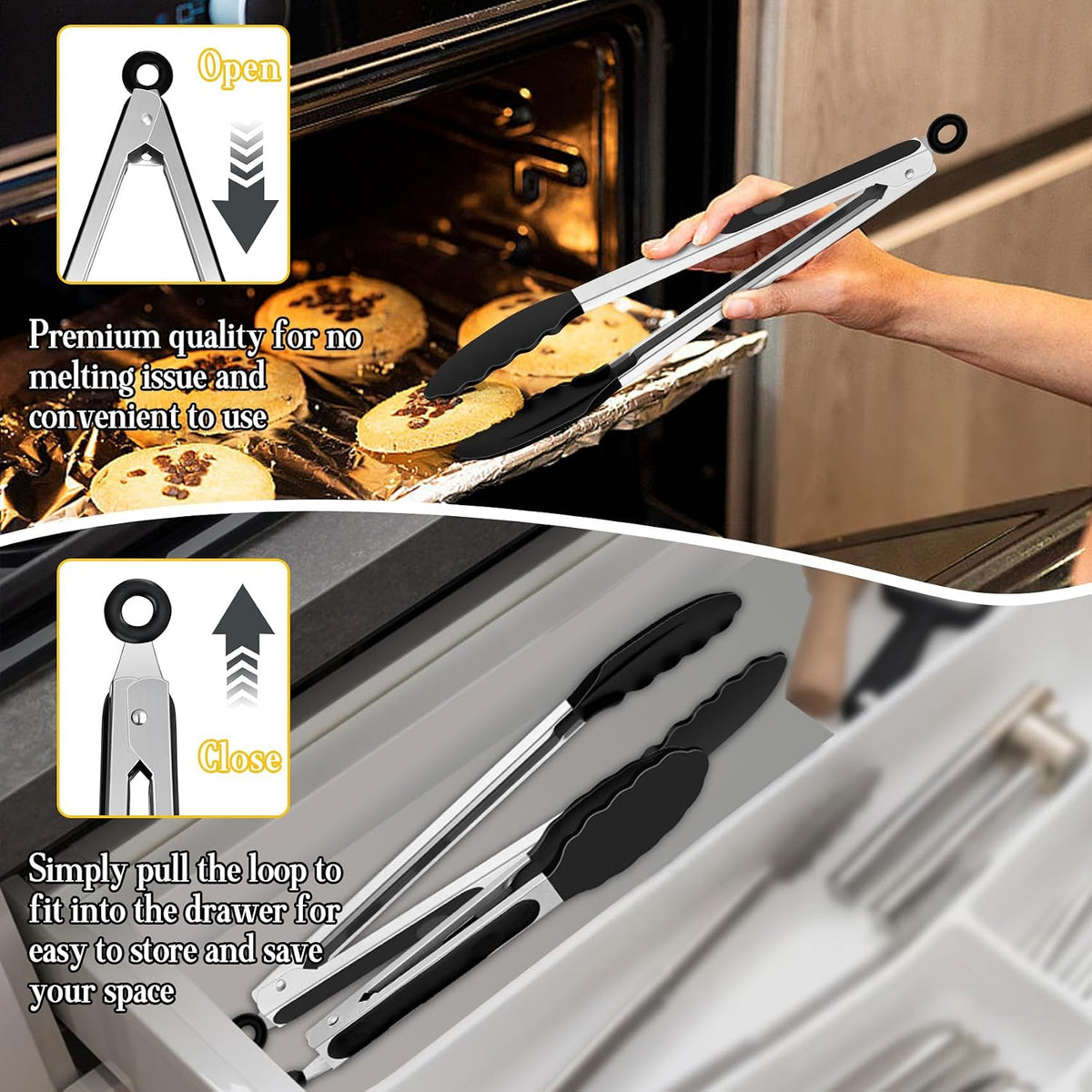 TeamFar Kitchen Tongs, 9"&12" Stainless Steel Heat Resistant Cooking Tongs