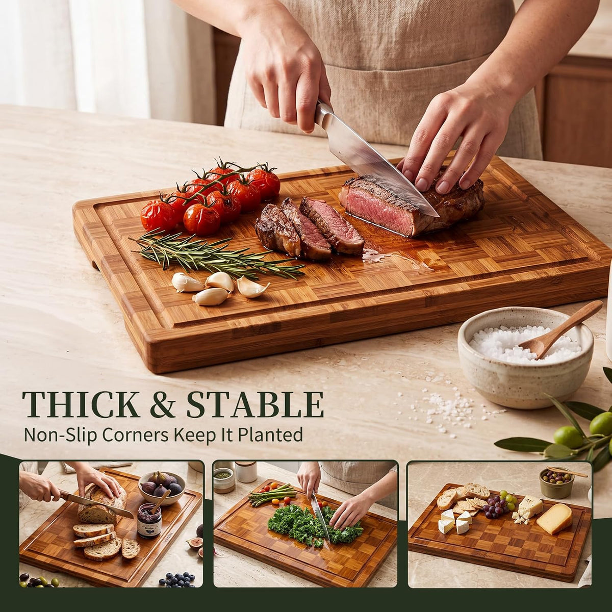 Kikcoin Extra Large Bamboo Cutting Board, Wood Cutting Boards for Kitchen