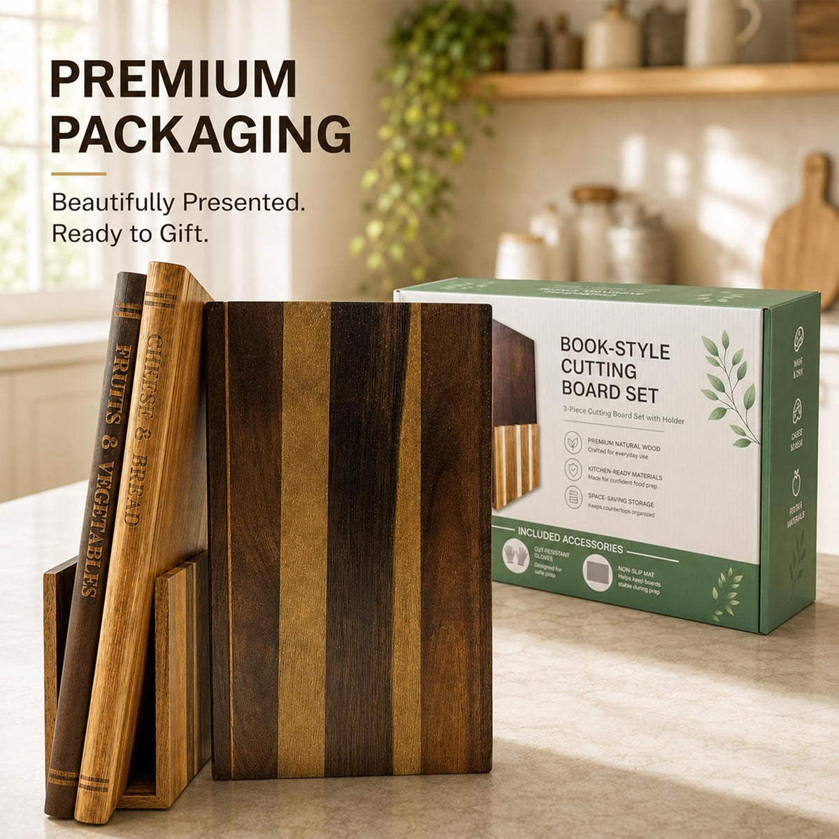 Book Cutting Board Set, Kitchen Cutting Boards, 3 Labeled Boards with Stand