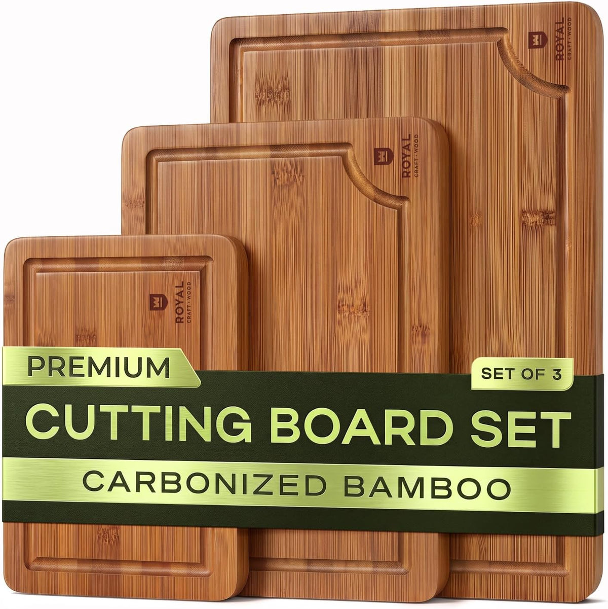 ROYAL CRAFT WOOD Wooden Cutting Boards for Kitchen Appliances - Non Toxic Bamboo Wood Cutting Board Set with Deep Juice Groove, Side Handles, Charcuterie & Butcher Block for Meat, Meal Prep & Serving