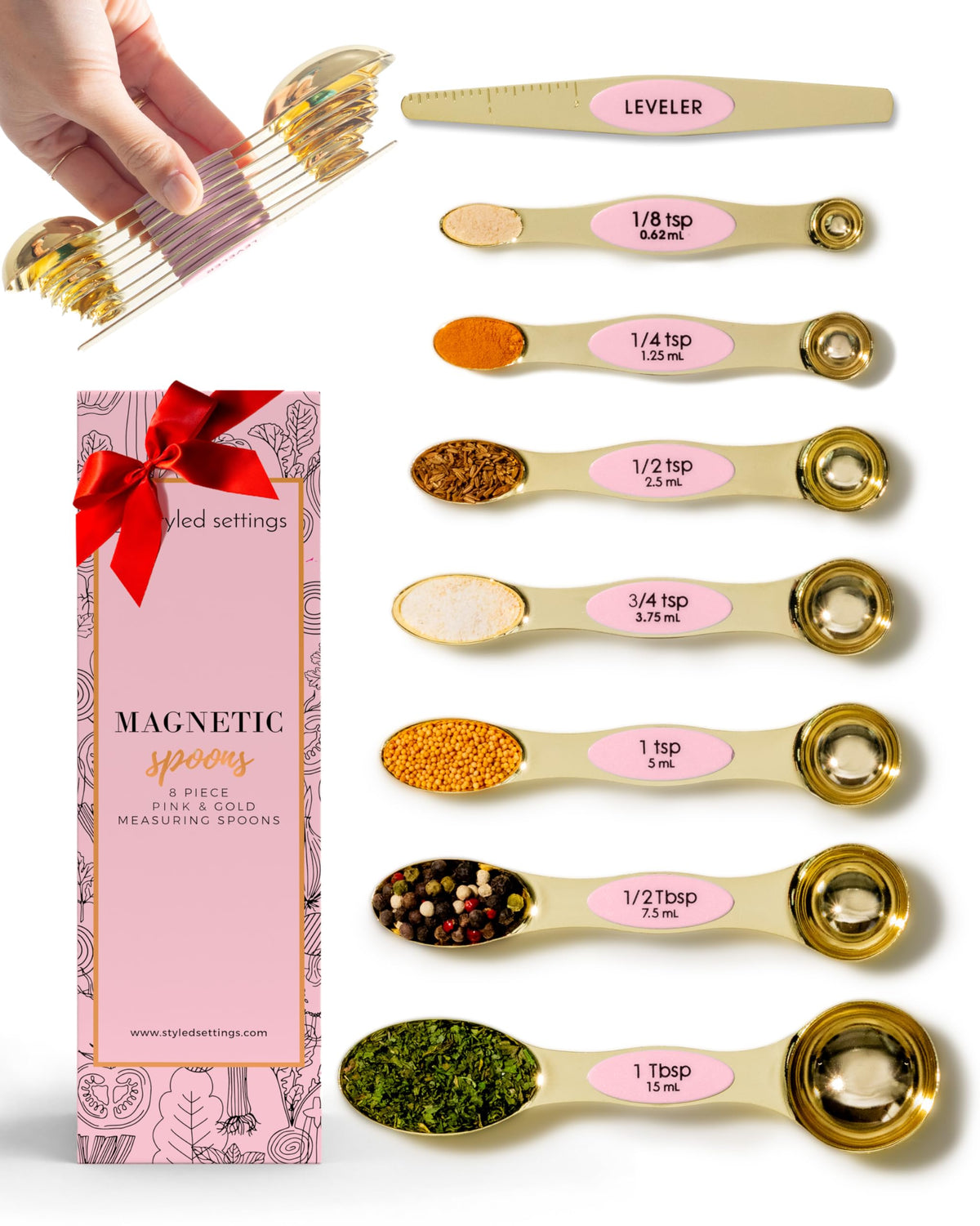 Styled Settings Stainless Steel Magnetic Measuring Spoons Set with Leveler