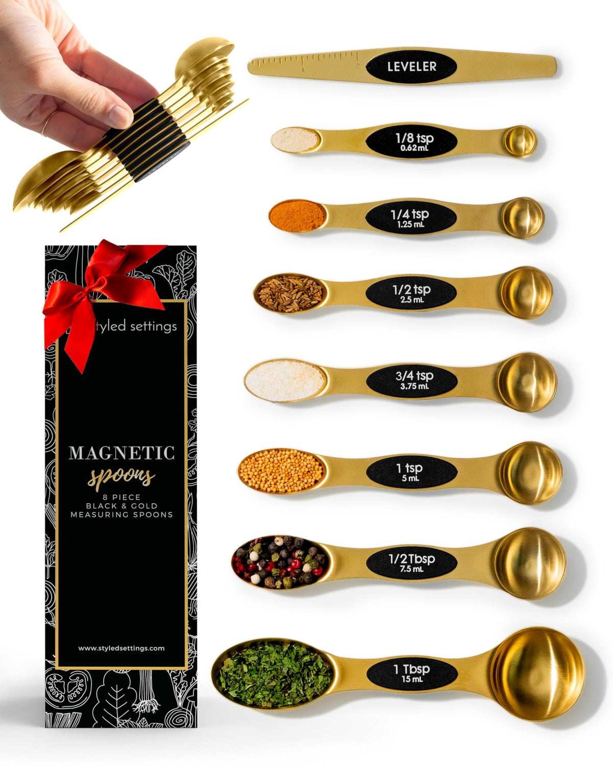 Styled Settings Stainless Steel Magnetic Measuring Spoons Set with Leveler