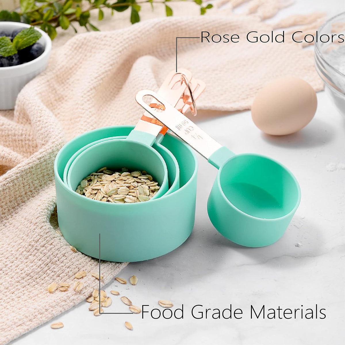 Rose Gold Stainless Steel Handle Measuring Cups and Spoons Set, 8 Piece Stackable Accurate Tablespoon for Measuring Dry and Liquid Ingredients Small Teaspoon with Plastic Head (Pink)