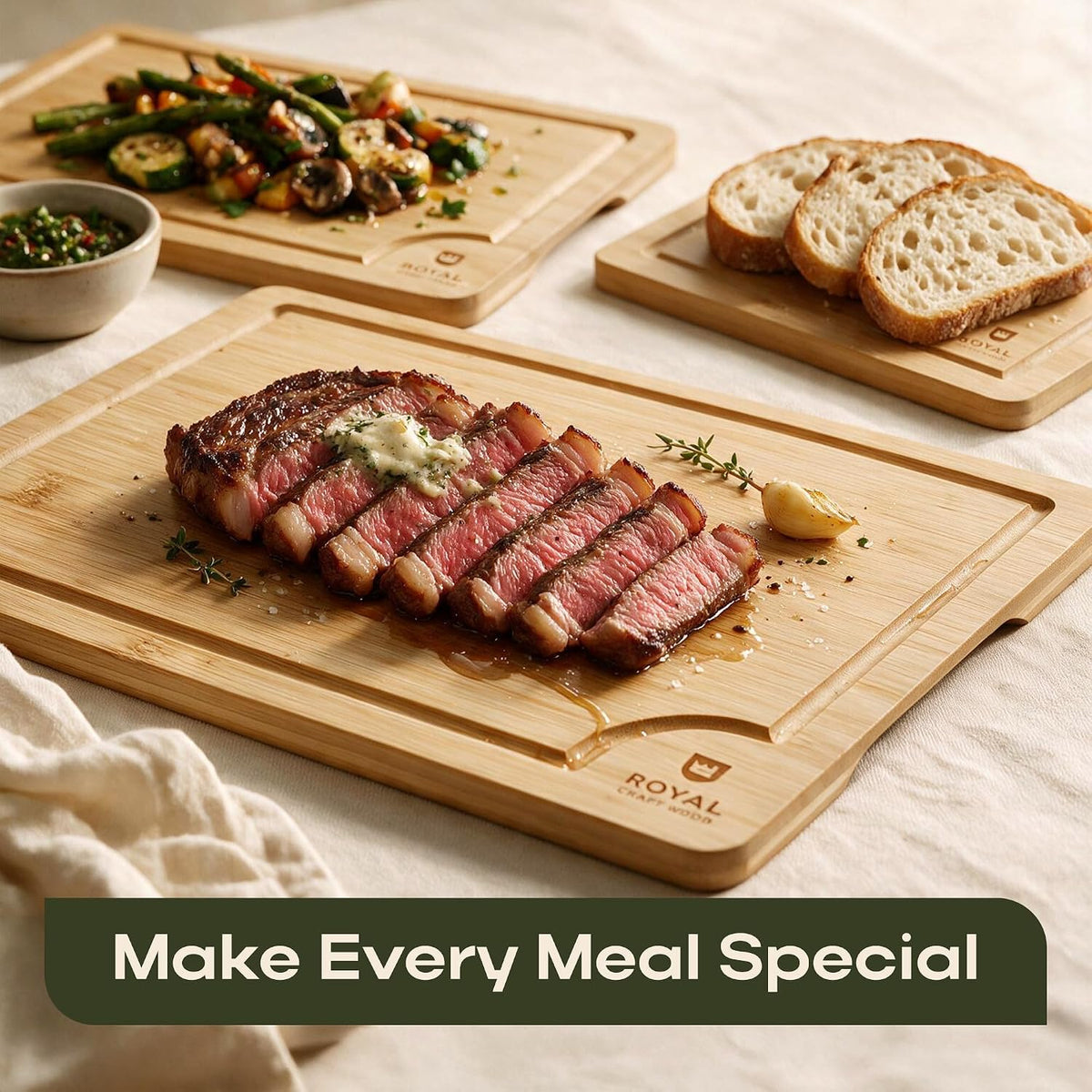ROYAL CRAFT WOOD Wooden Cutting Boards for Kitchen Meal Prep & Serving - Bamboo Wood Serving Board Set with Deep Juice Groove Side Handles - Charcuterie & Chopping Butcher Block for Meat