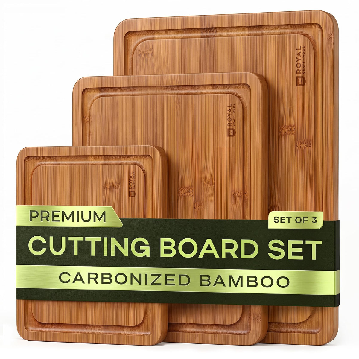 ROYAL CRAFT WOOD Wooden Cutting Boards for Kitchen Meal Prep & Serving - Bamboo Wood Serving Board Set with Deep Juice Groove Side Handles - Charcuterie & Chopping Butcher Block for Meat