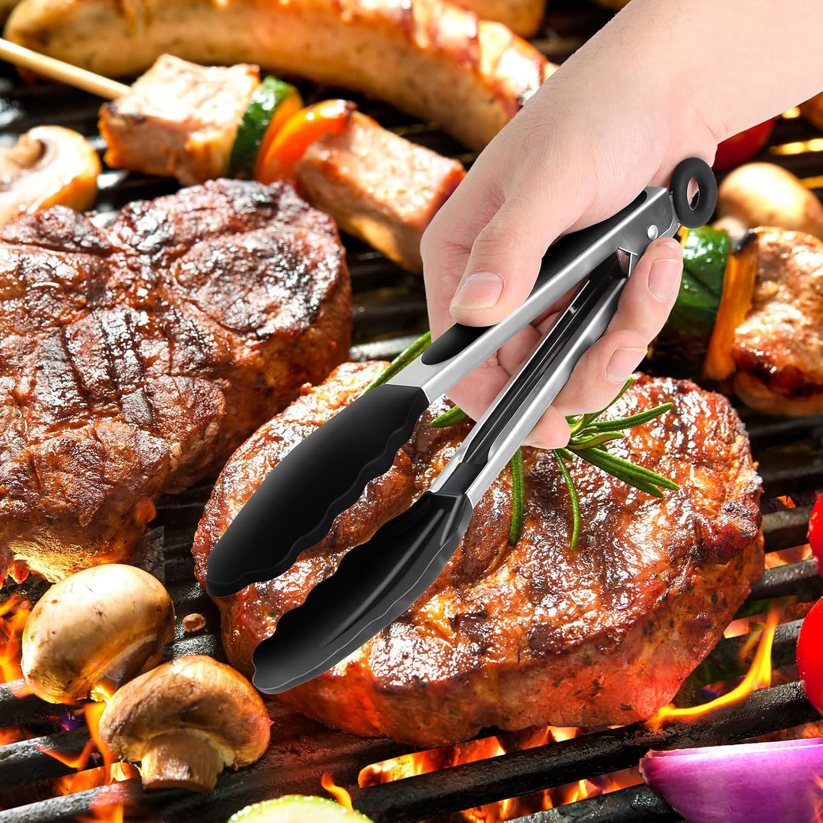 2 Pack Black Premium Stainless Steel Heat Resistant Kitchen Tongs for cooking,set of 9" and 12",Non Scratch Silicone cooking Tong Tip for Cooking Pans,Strong Grip BBQ tongs for Grabbing Hot Food