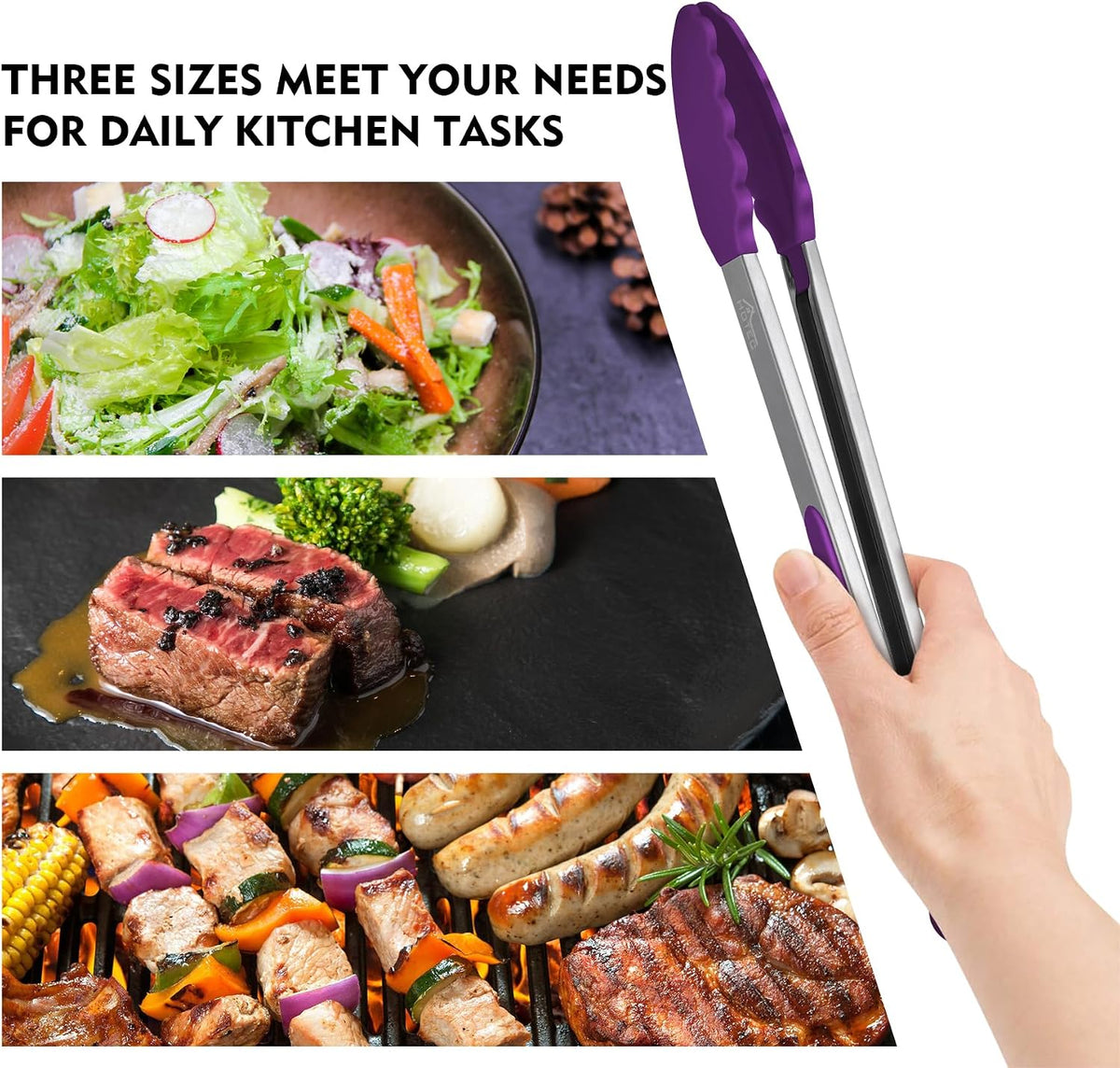 HOTEC Stainless Steel Kitchen Tongs with Silicone Tips, Set of 3-7",9" &12"