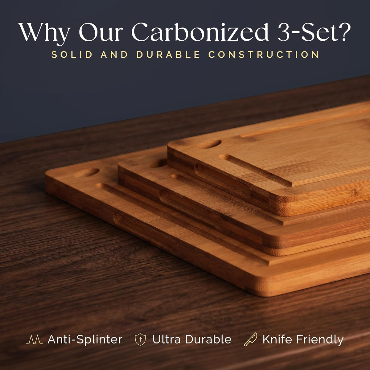 Deer & Oak 3-Piece Bamboo Cutting Board Carbonized Set, Pre-Oiled