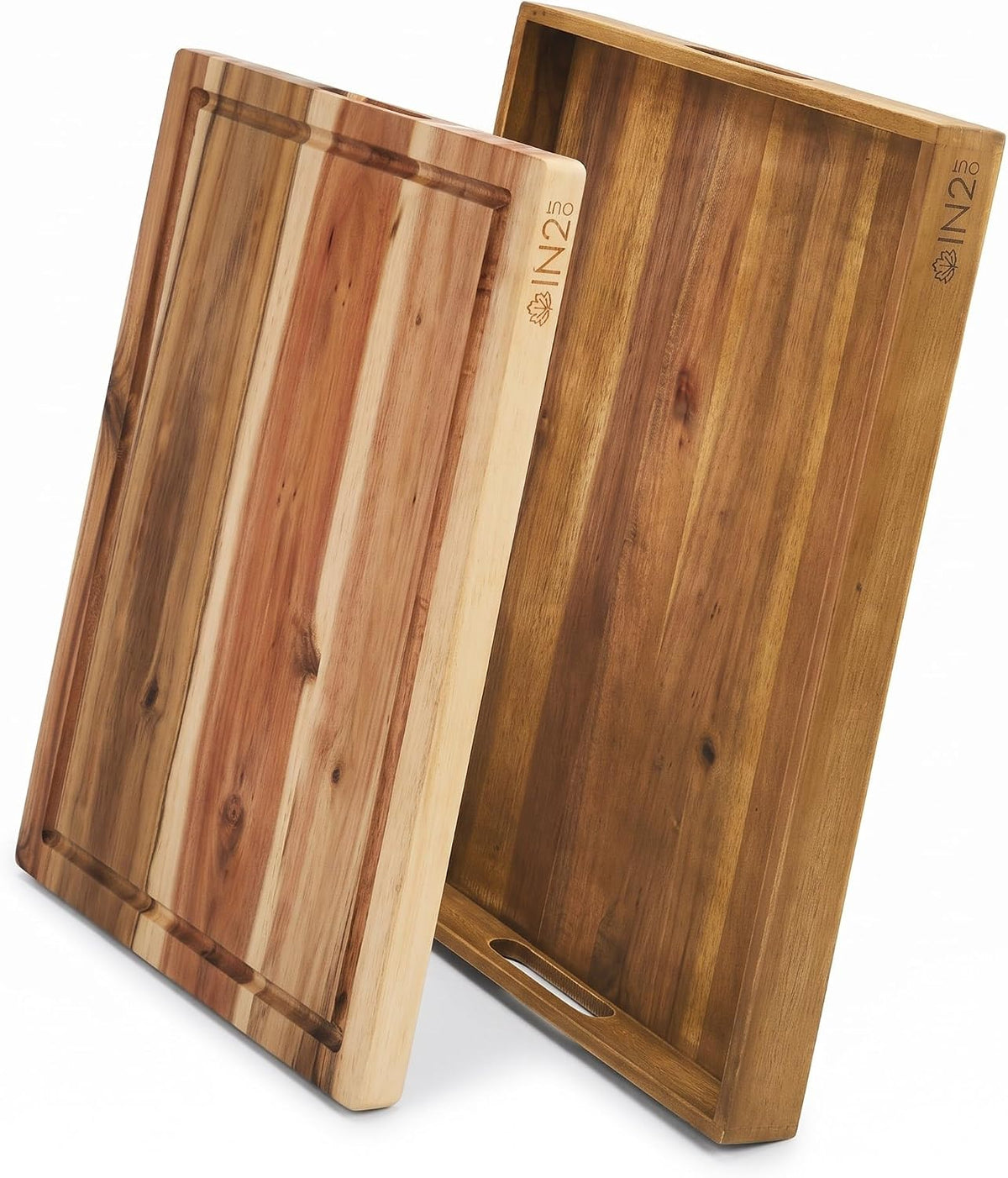 Acacia Wood Cutting Board with Juice Groove & Teak-Look Serving Tray Set
