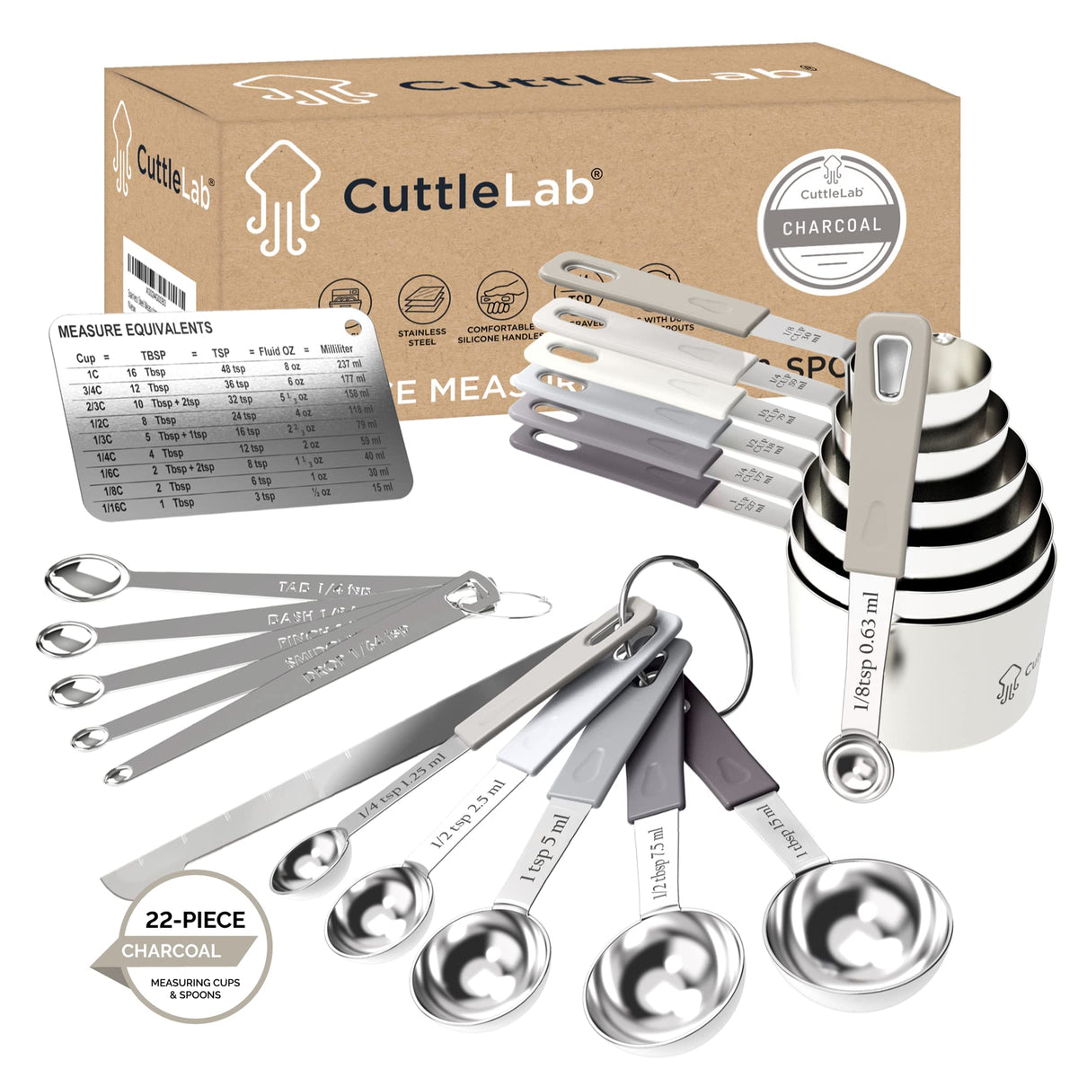 CuttleLab 22-Piece Stainless Steel Measuring Cups and Spoons Set, Tad Dash Pinch Smidgen Drop Mini Measuring Spoons, Measuring Stick Leveler, Measurement Conversion Chart Fridge Magnet, (Charcoal)