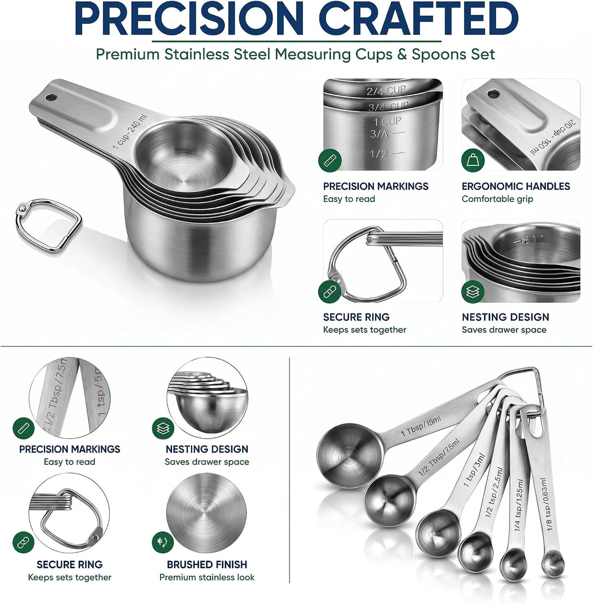 AIKEXIN Stainless Steel Measuring Cups & Spoons Set, Precision Baking Tools