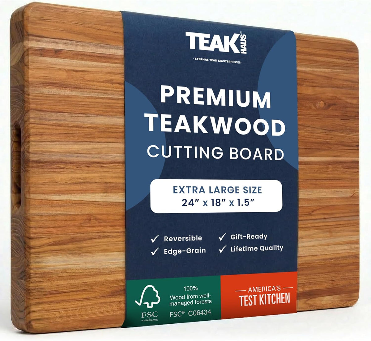 Teakhaus Edge-Grain Teak Wood Cutting Board with Grip Handles, Extra Large