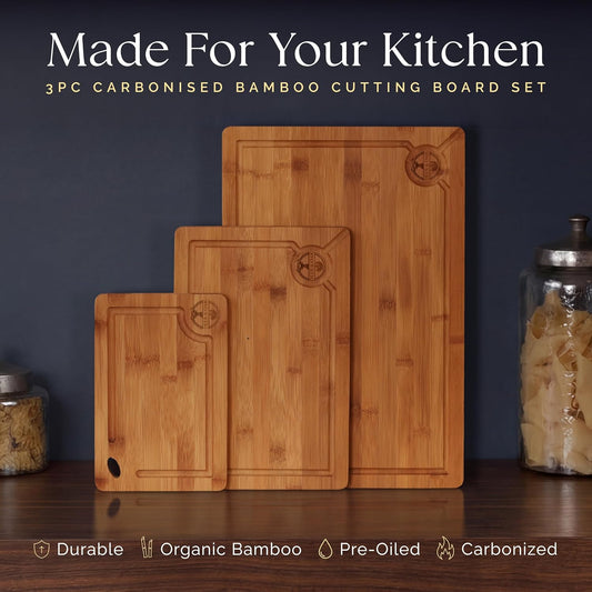 Deer & Oak 3-Piece Bamboo Cutting Board Carbonized Set, Pre-Oiled