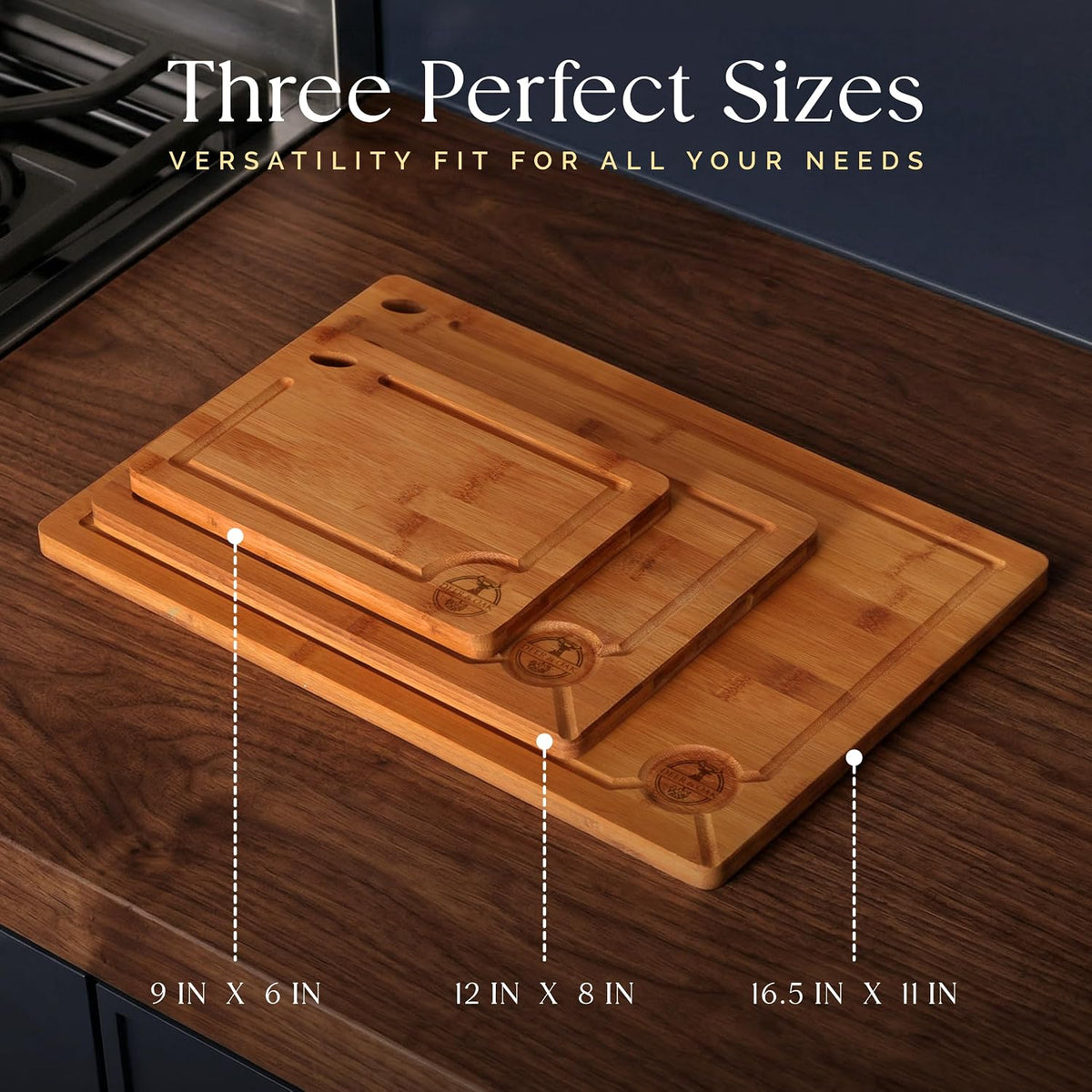 Deer & Oak 3-Piece Bamboo Cutting Board Carbonized Set, Pre-Oiled