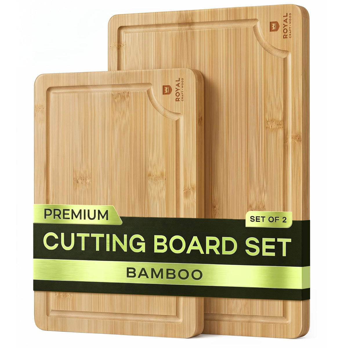 ROYAL CRAFT WOOD Wooden Cutting Boards for Kitchen Meal Prep & Serving - Bamboo Wood Serving Board Set with Deep Juice Groove Side Handles - Charcuterie & Chopping Butcher Block for Meat