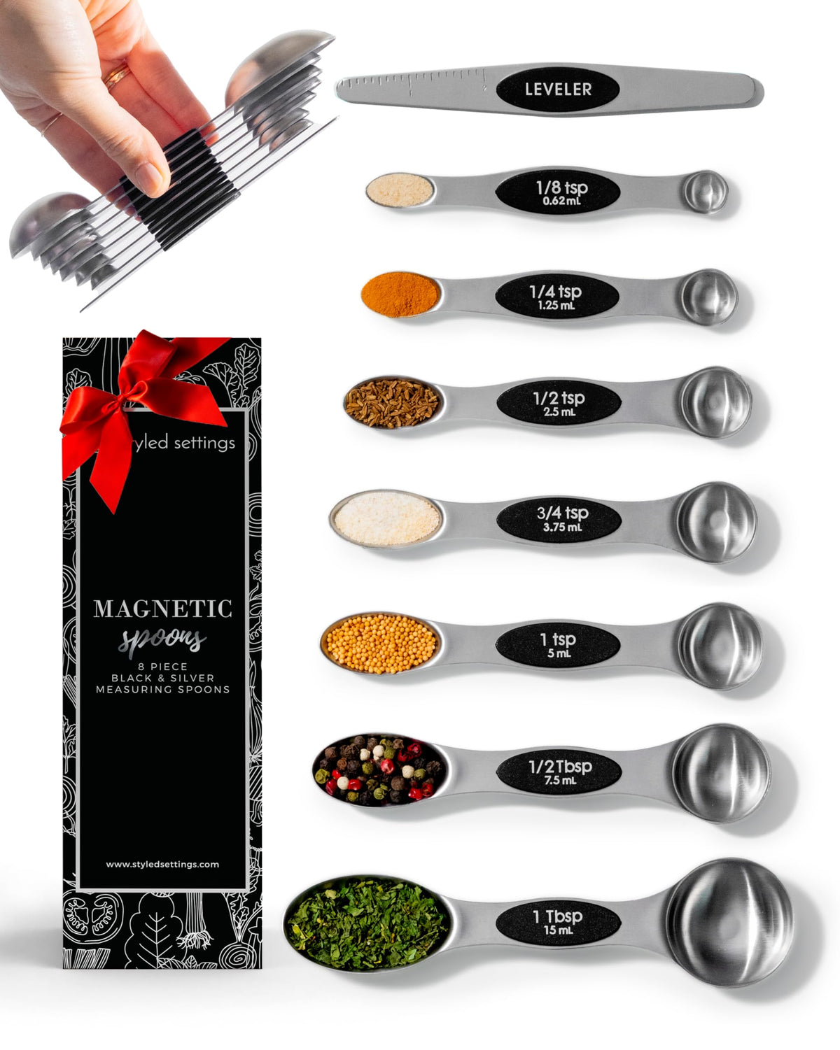 Styled Settings Stainless Steel Magnetic Measuring Spoons Set with Leveler