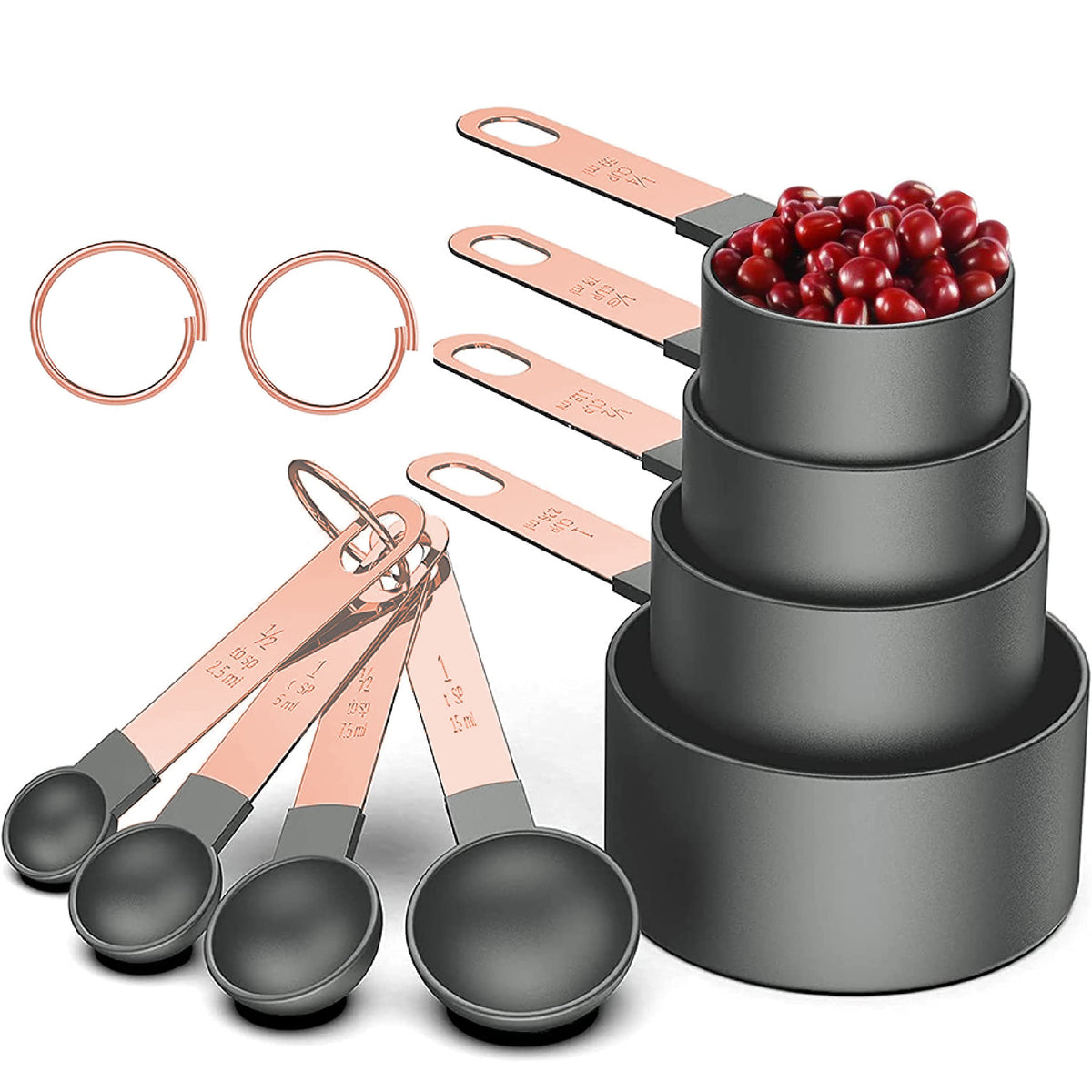 Rose Gold Stainless Steel Handle Measuring Cups and Spoons Set, 8 Piece Stackable Accurate Tablespoon for Measuring Dry and Liquid Ingredients Small Teaspoon with Plastic Head (Pink)