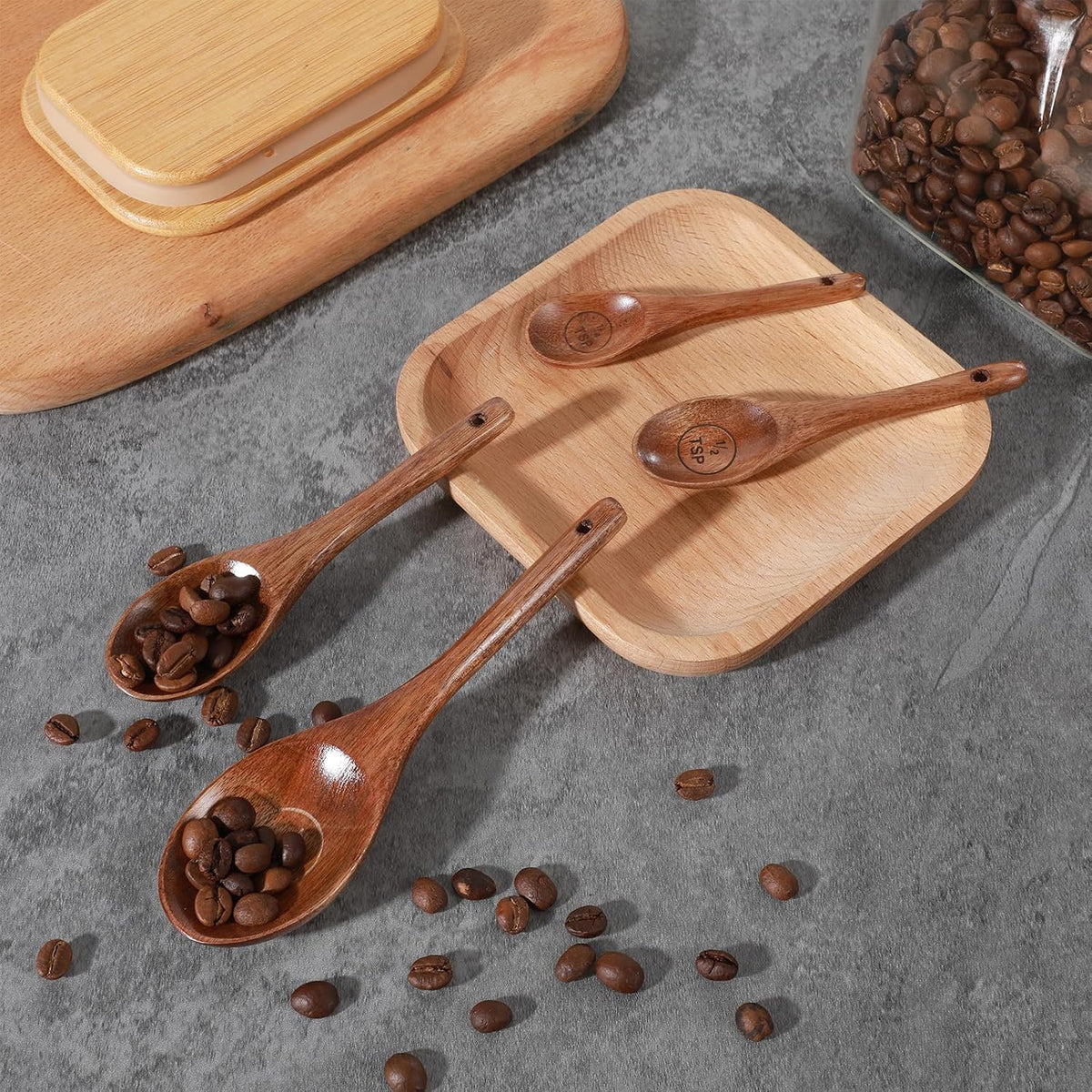 Nogeqi 4PCS Wooden Measuring Spoons Set, Natural Acacia Wooden Table Spoons Measuring Spoon Tablespoon Scoop Teaspoon Scoop for Measure Dry Ingredients, Includes 1/4, 1/2, 1 Tsp and 1 Tbsp
