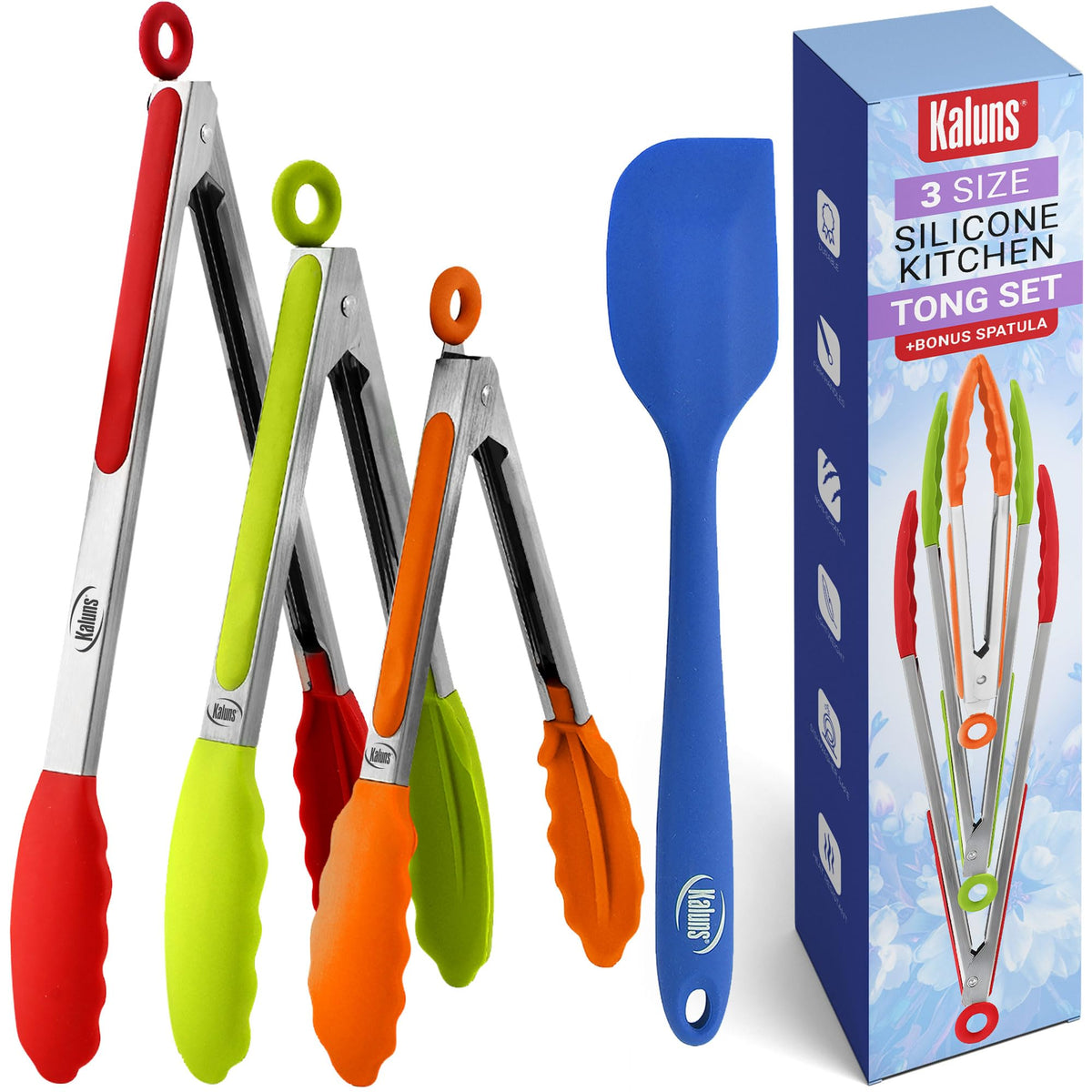 Kaluns Kitchen Tongs for Cooking Grilling Set of 4, BBQ Grill Tongs With Silicone Tip Stainless Steel Heat Resistant, Non-stick Pull Lock, Incl 7, 9, 12 Inch Tong Plus a Silicone Spatula