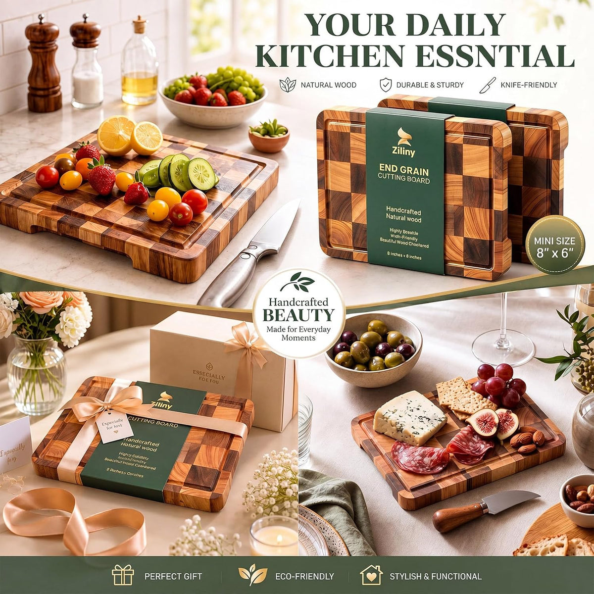 Ziliny 2 Pcs Small Cutting Board Set 8 x 6 Inch Mini Checkered
