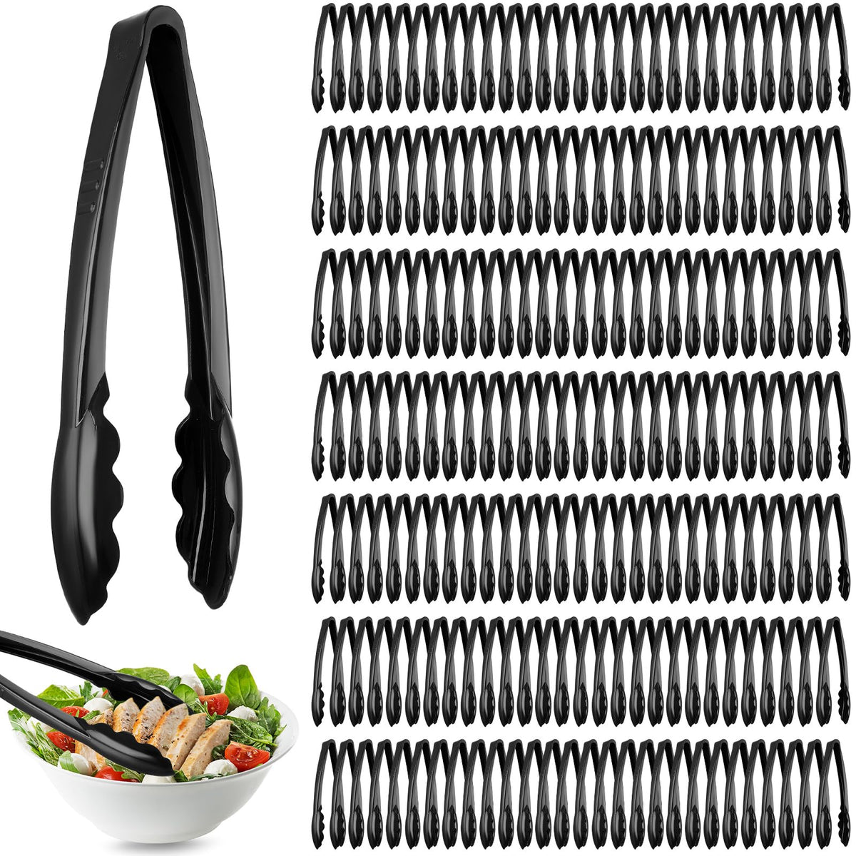 50 Pcs Plastic Tongs, 9 Inch Disposable Serving Tongs,Black