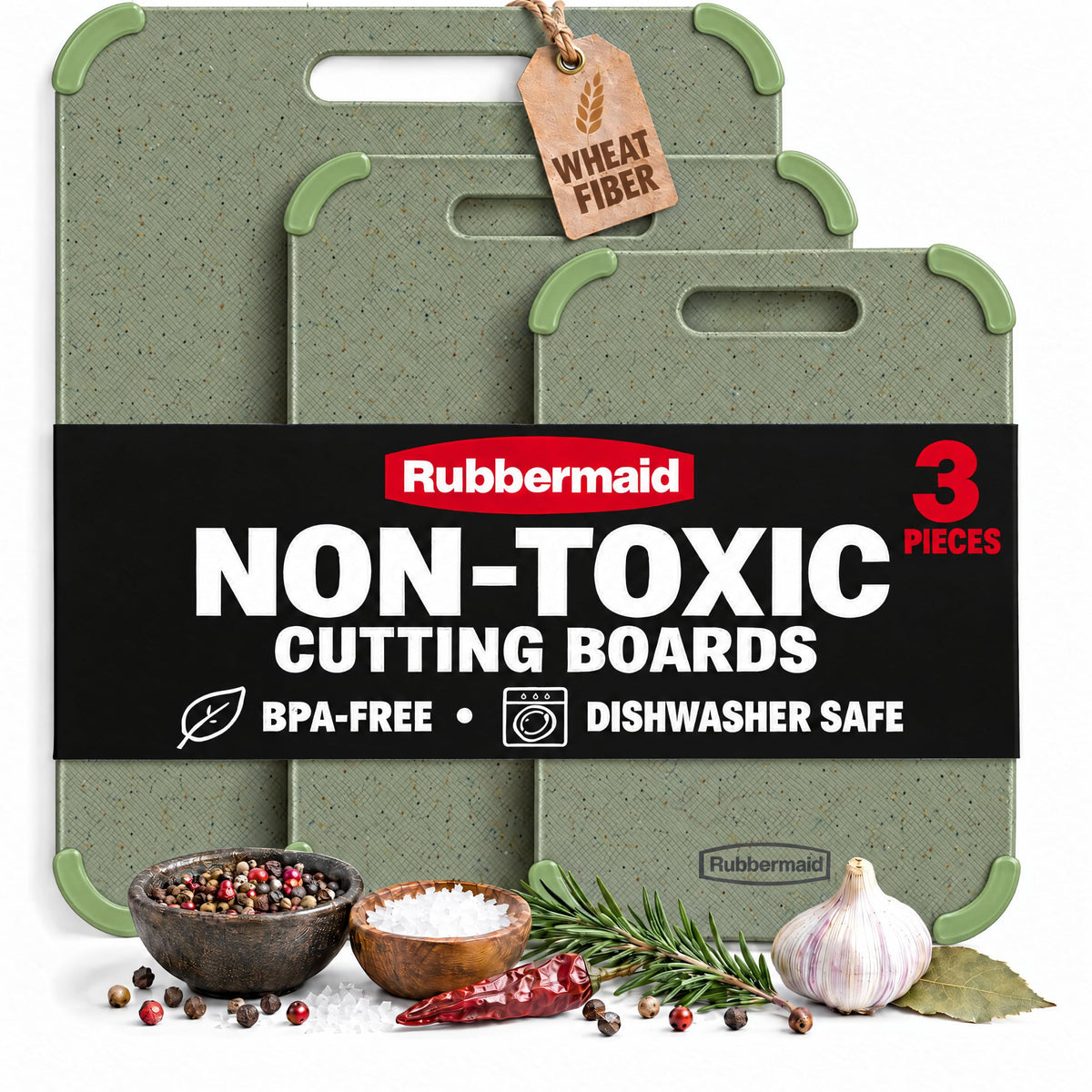 Rubbermaid 3pc Reversible Wheat Fiber Cutting Board Set | BPA Free Non Toxic Cutting Boards for Kitchen – Dishwasher Safe, Non-Slip Corners & Lightweight | For Meat, Veggies & Fruits